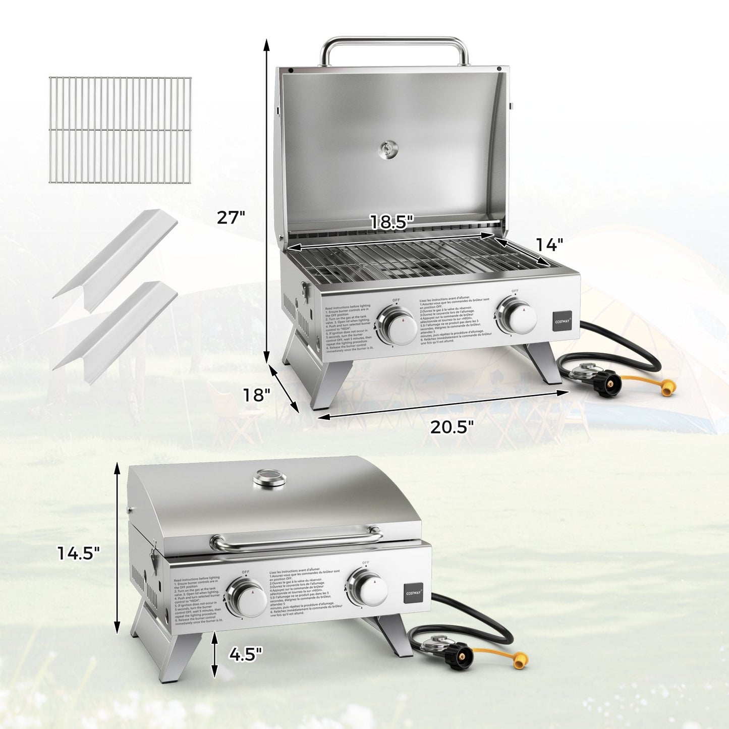 Stainless Steel Propane Grill with Lid for Outdoor Camping Tailgating Picnic Party-Silver