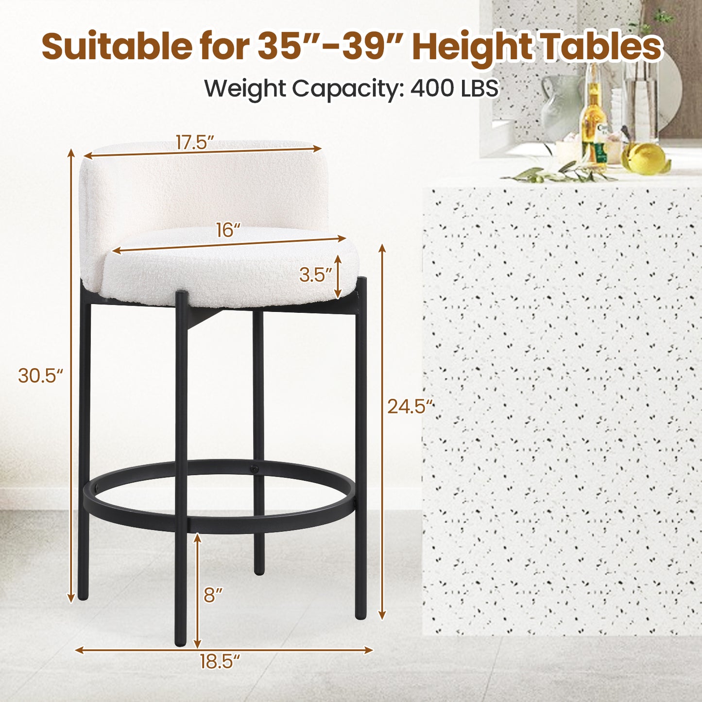 24 Inch Boucle Counter Stools Set of 4 with Curved Backrest
