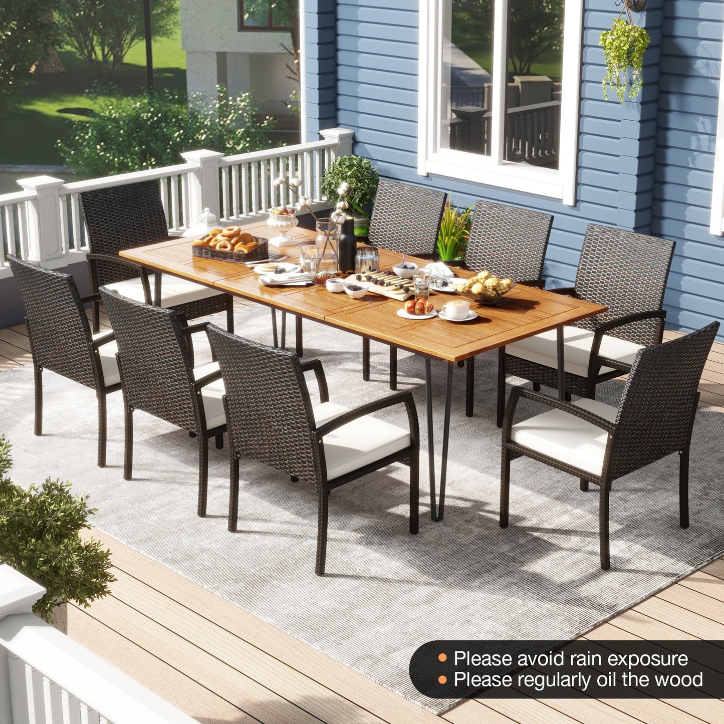 9 Pieces Outdoor Patio Dining Set with Soft Cushions and Acacia Wood Square Table