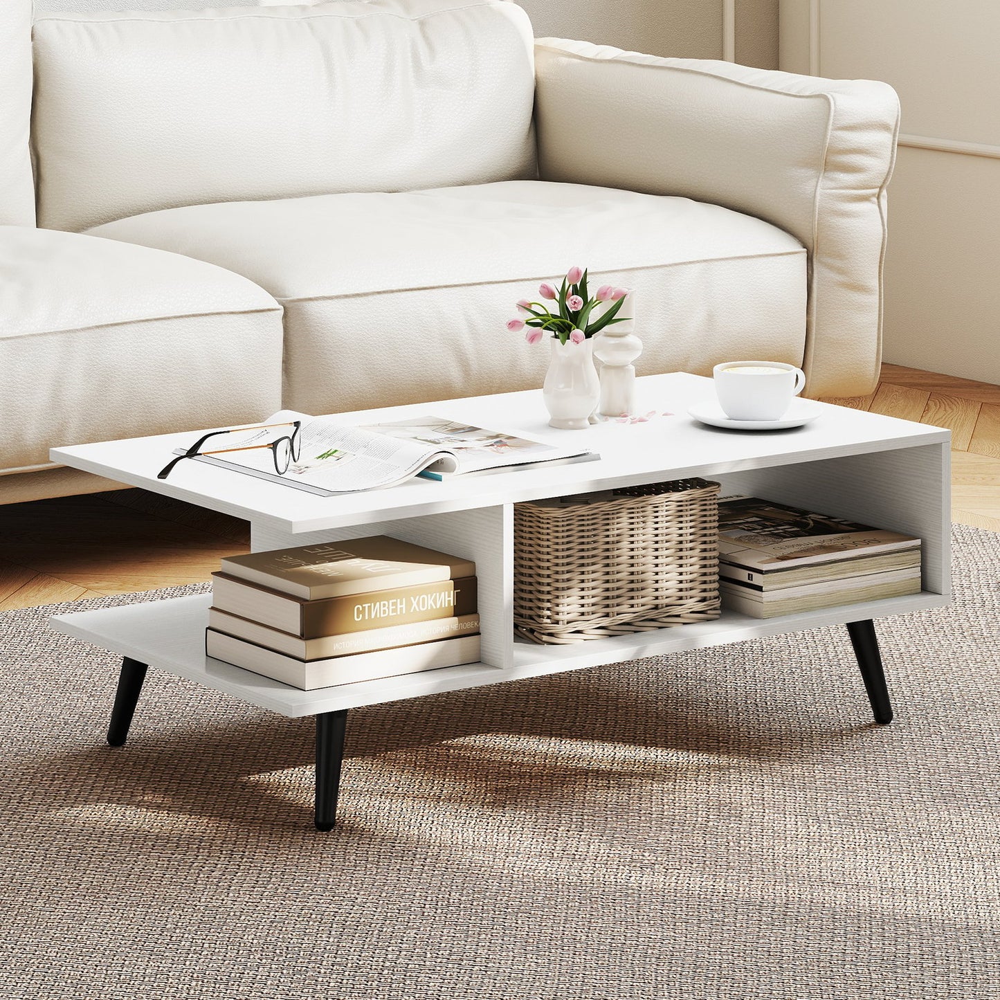 Mid Century Modern Rectangle Coffee Table 2-Tier Accent Table with 2 Open Compartments-Rustic Brown