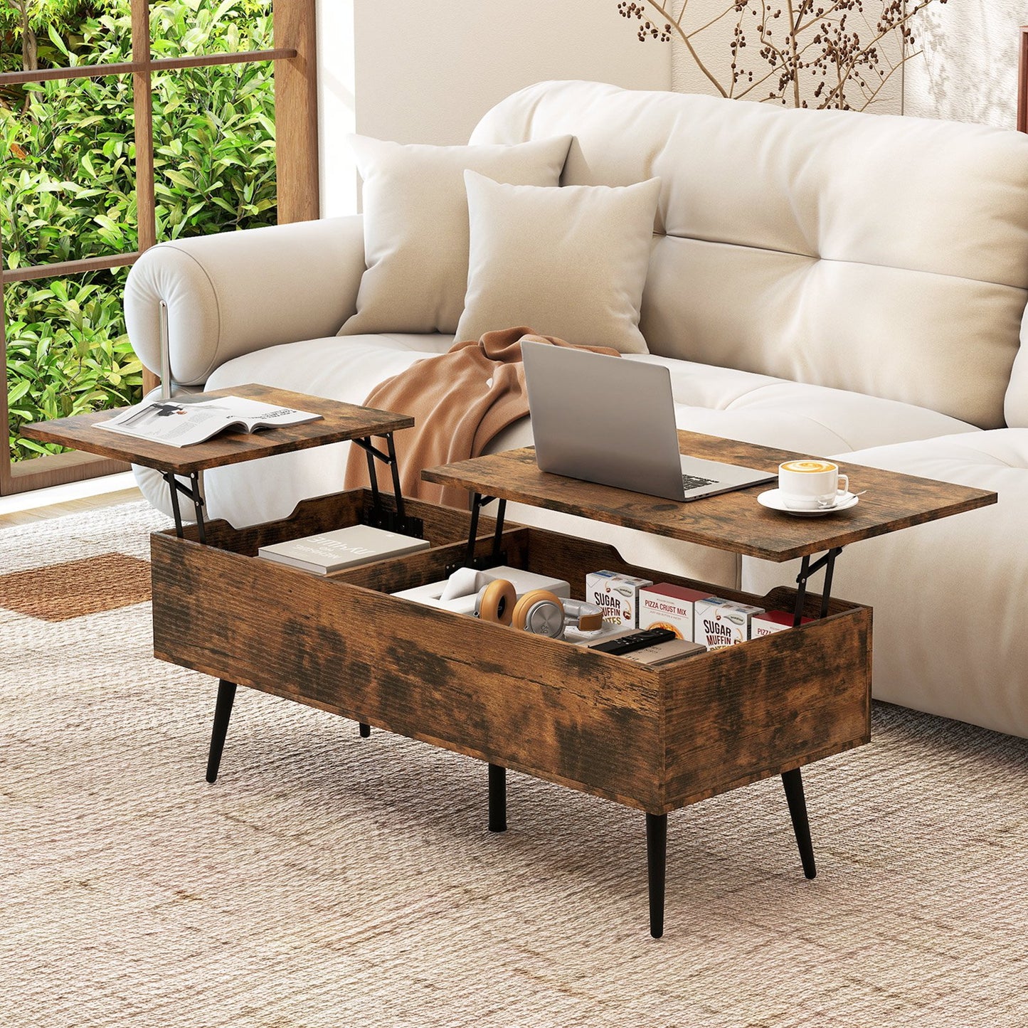 47 Inch Lift Top Coffee Table with 2 Hidden Compartments-Black