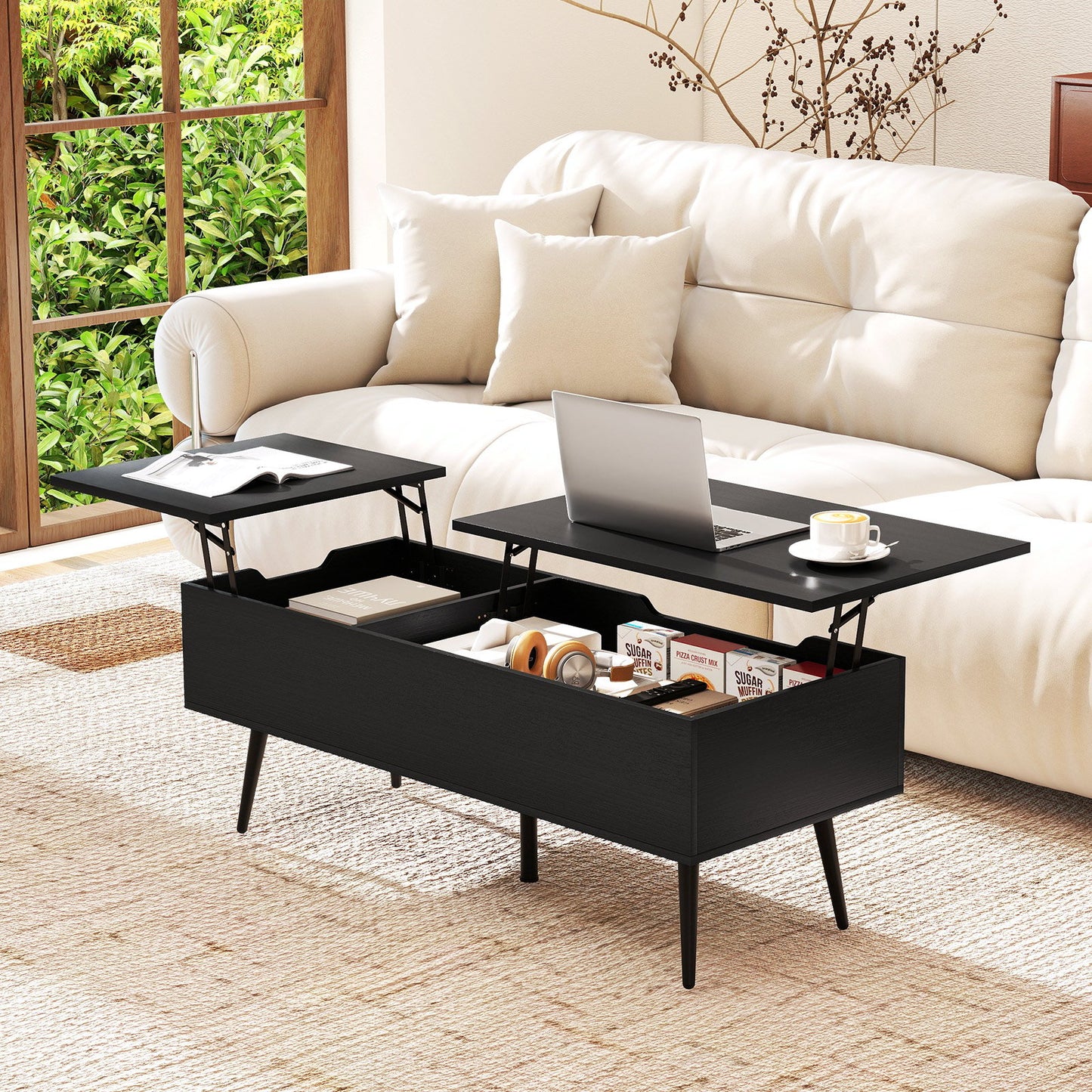 47 Inch Lift Top Coffee Table with 2 Hidden Compartments-Black