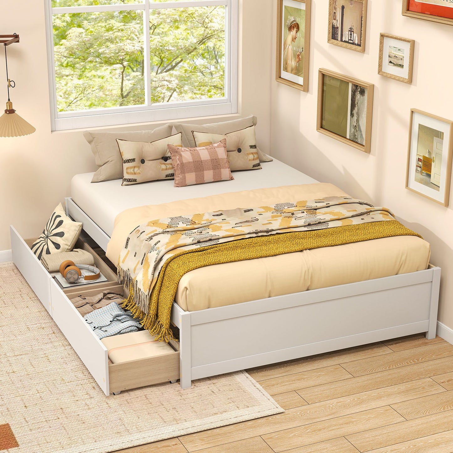 Full Size Wooden Bed Frame with 2 Rolling Storage Drawers-Natural