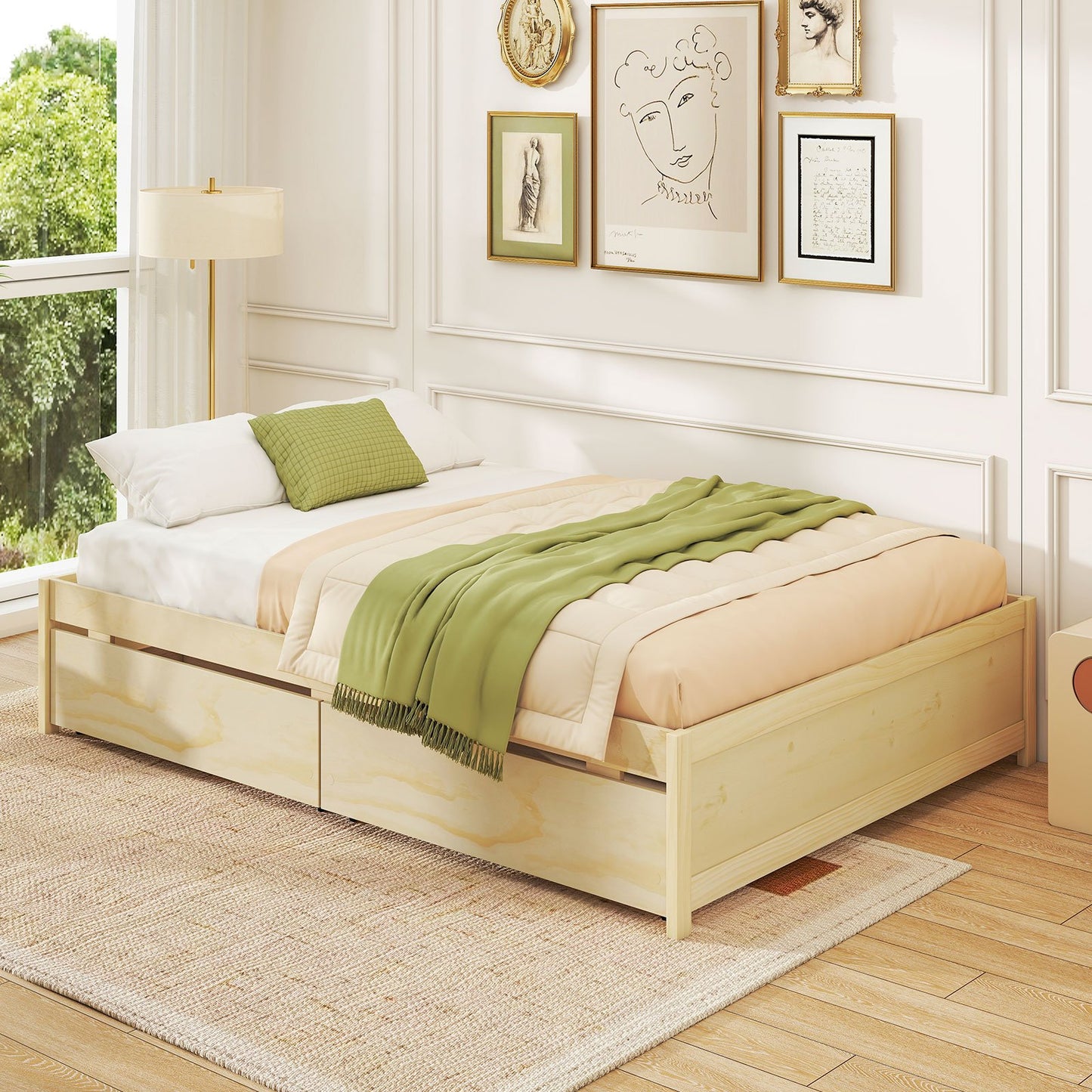 Full Size Wooden Bed Frame with 2 Rolling Storage Drawers-Natural