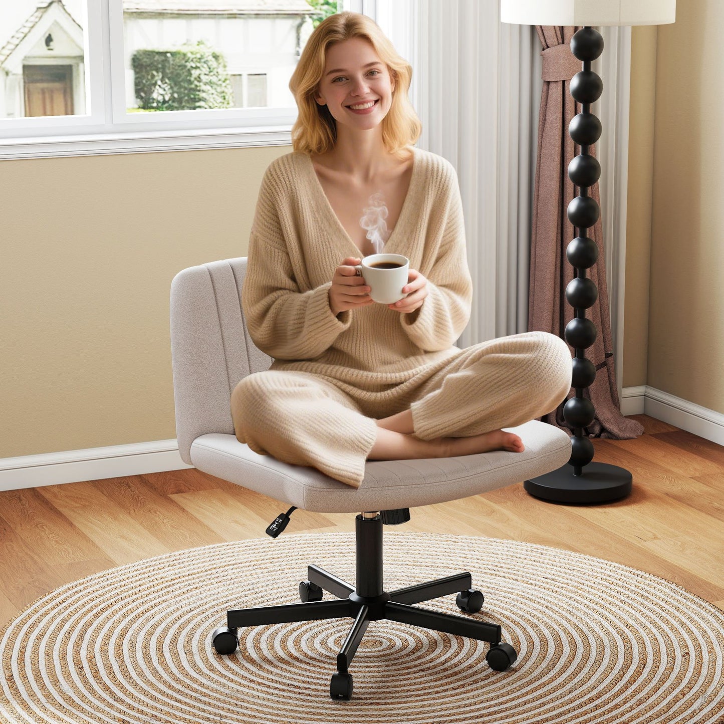 Criss Cross Chair with Wheels Cross-Legged Swivel Desk Chair with Soft-Padded Wide Seat-Beige