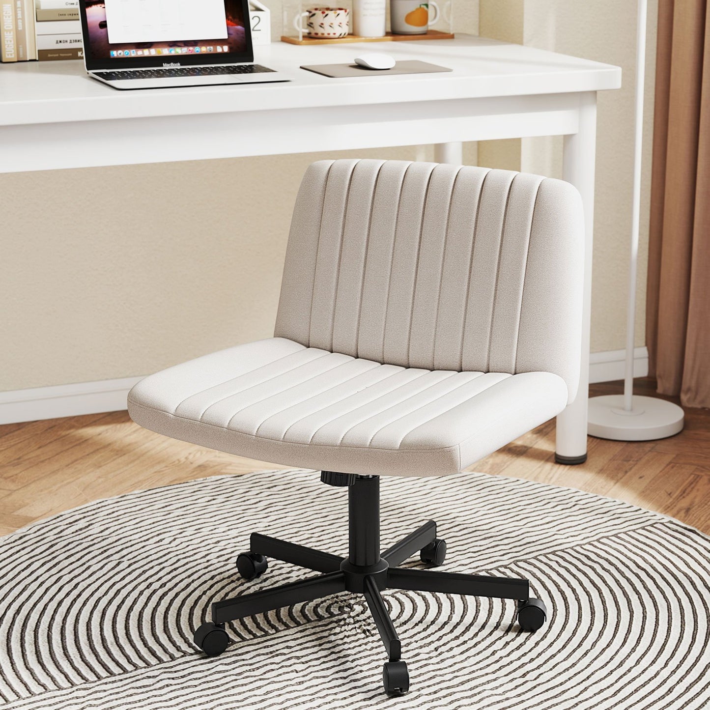 Criss Cross Chair with Wheels Cross-Legged Swivel Desk Chair with Soft-Padded Wide Seat-Beige