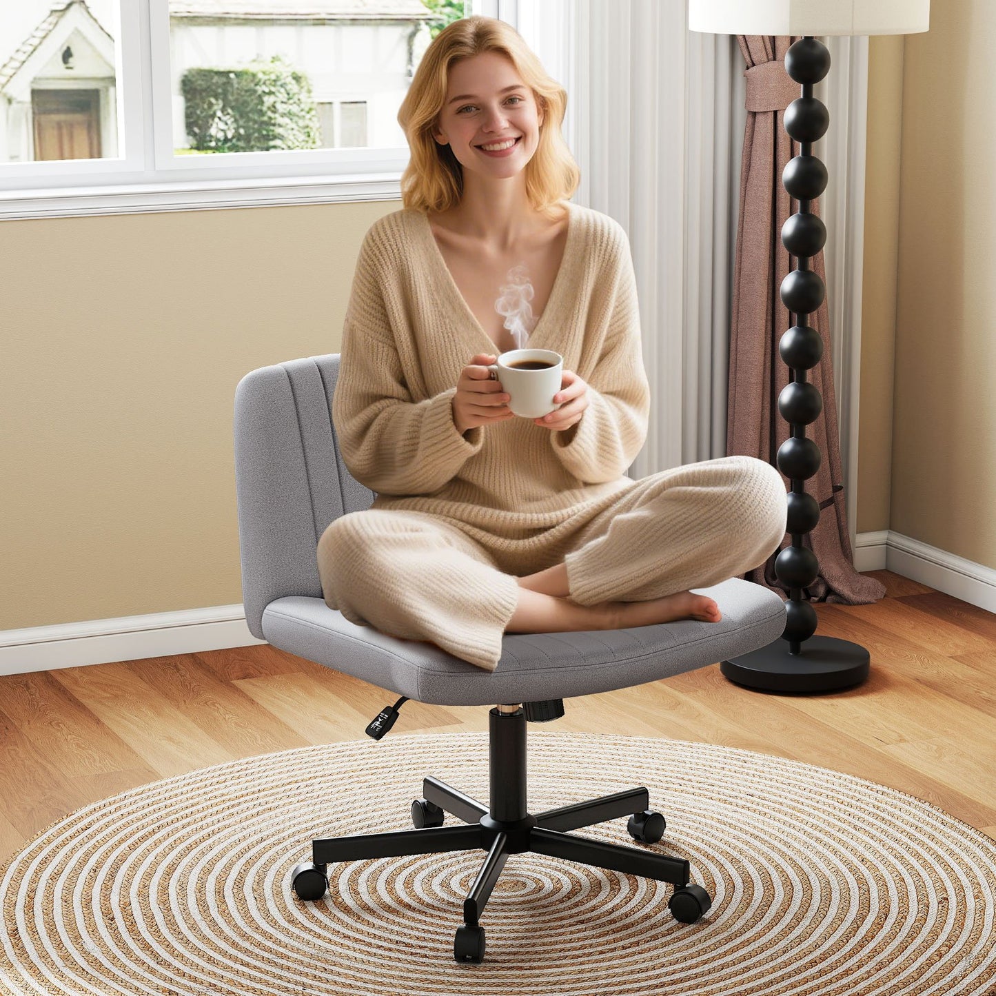 Criss Cross Chair with Wheels Cross-Legged Swivel Desk Chair with Soft-Padded Wide Seat-Beige