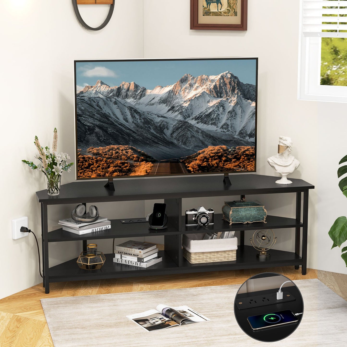 3-Tier Corner TV Stand for TVs up to 65 Inches with Charging Station- Black