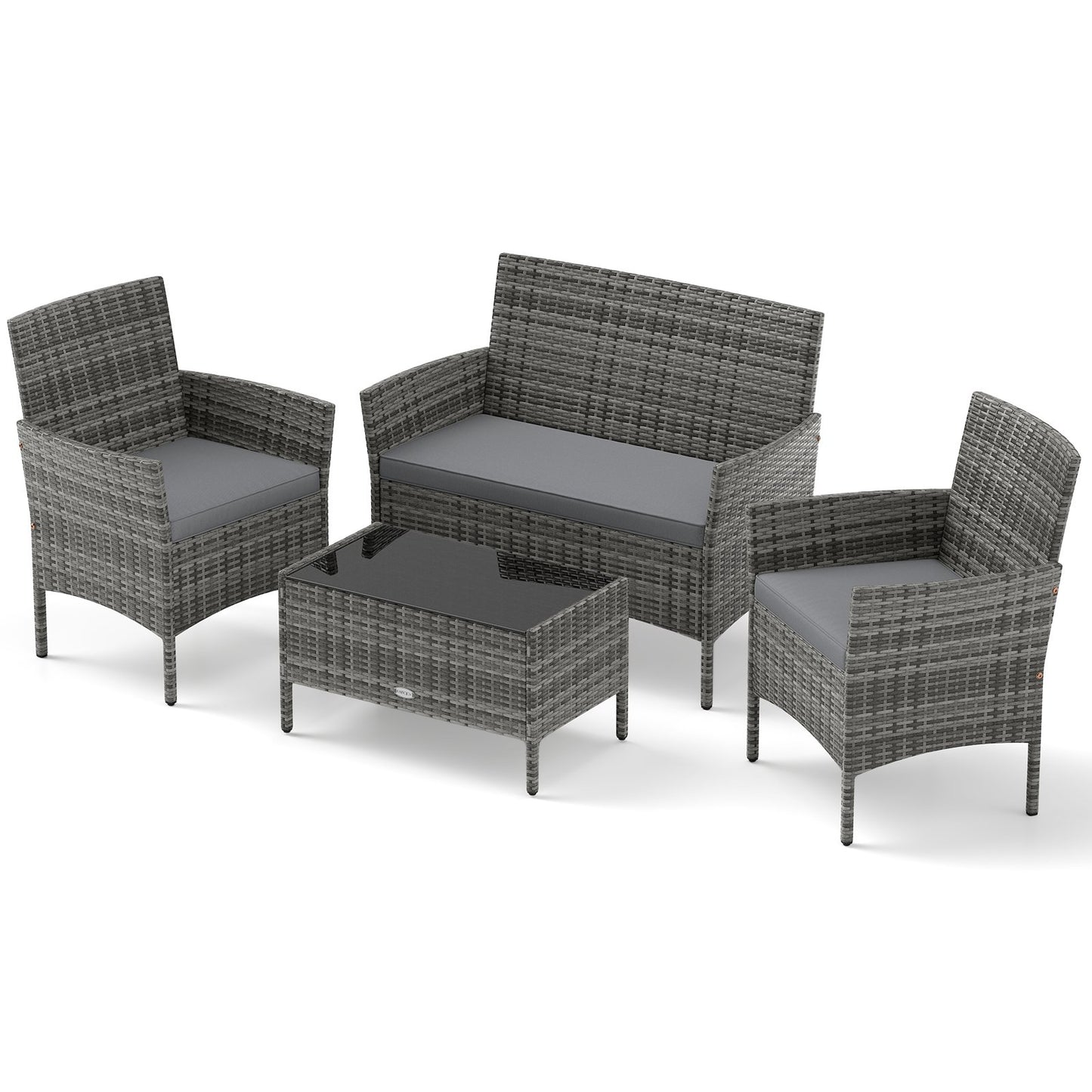 4 Pieces Patio Rattan Conversation Set with Tempered Glass Coffee Table-Beige