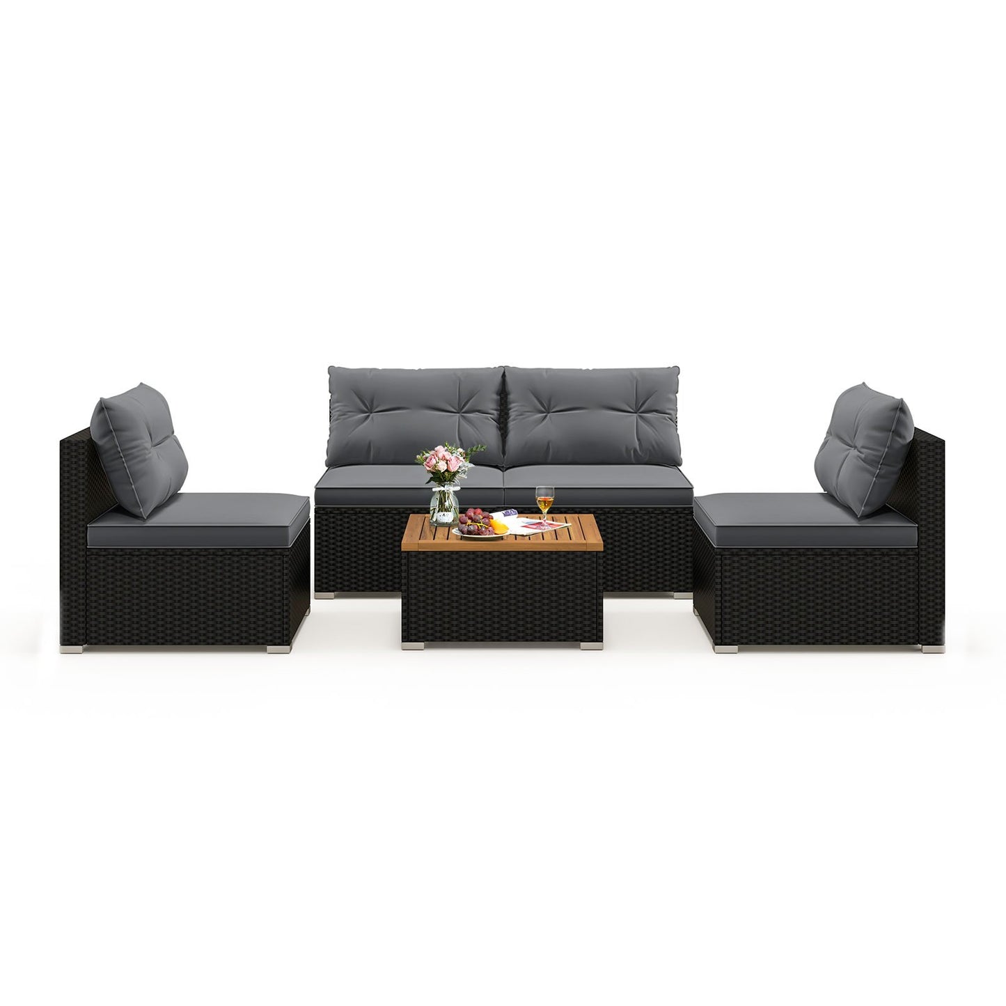 5 Piece Outdoor Furniture Set with Solid Tabletop and Soft Cushions-Black