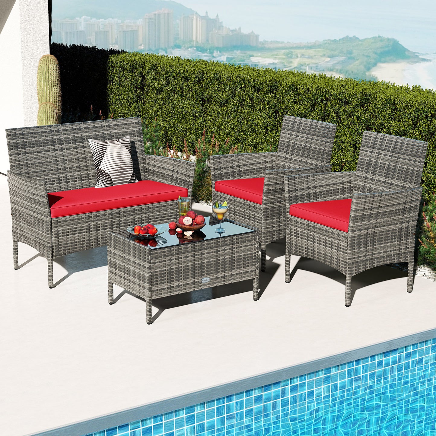 4 Pieces Patio Rattan Conversation Set with Tempered Glass Coffee Table-Beige