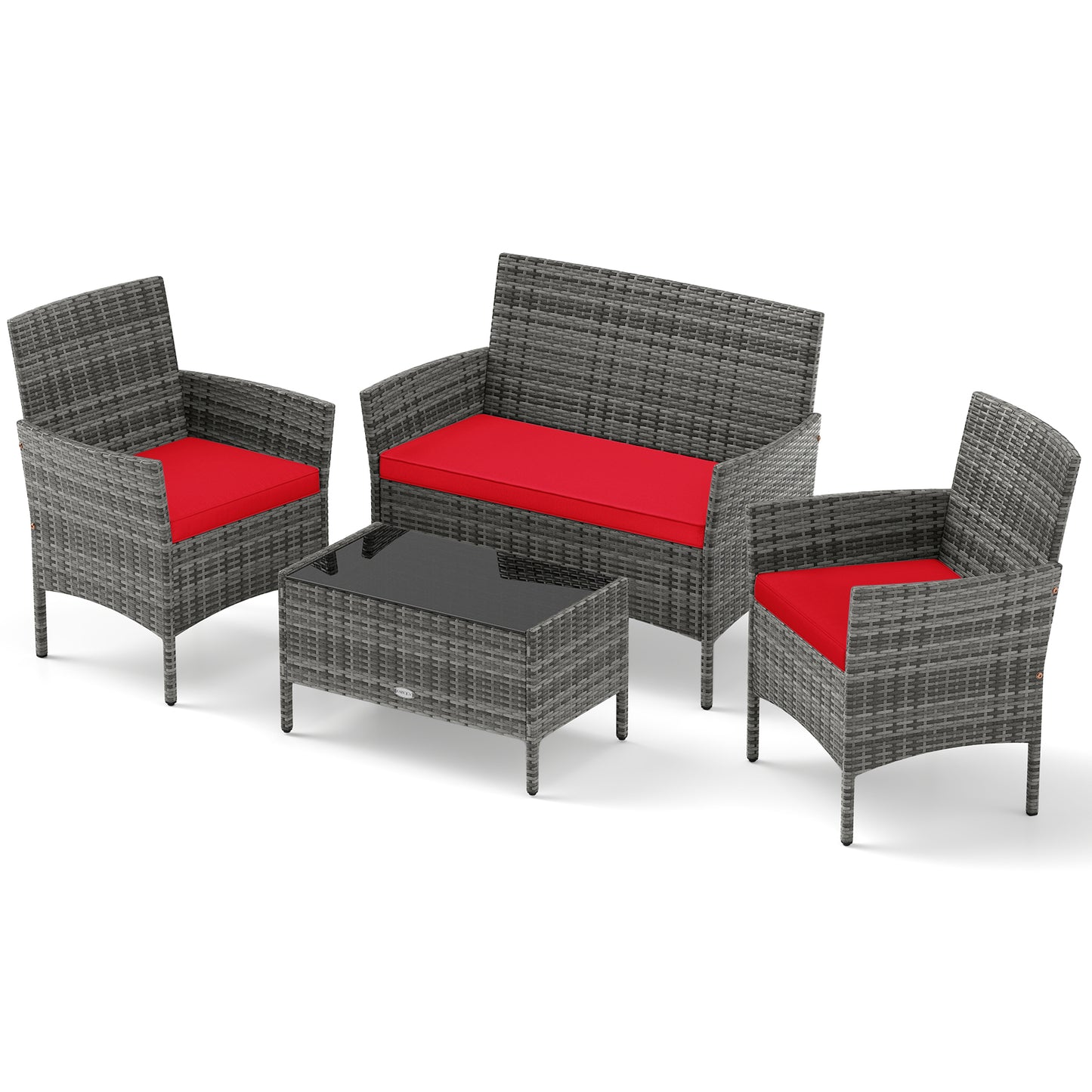 4 Pieces Patio Rattan Conversation Set with Tempered Glass Coffee Table-Beige