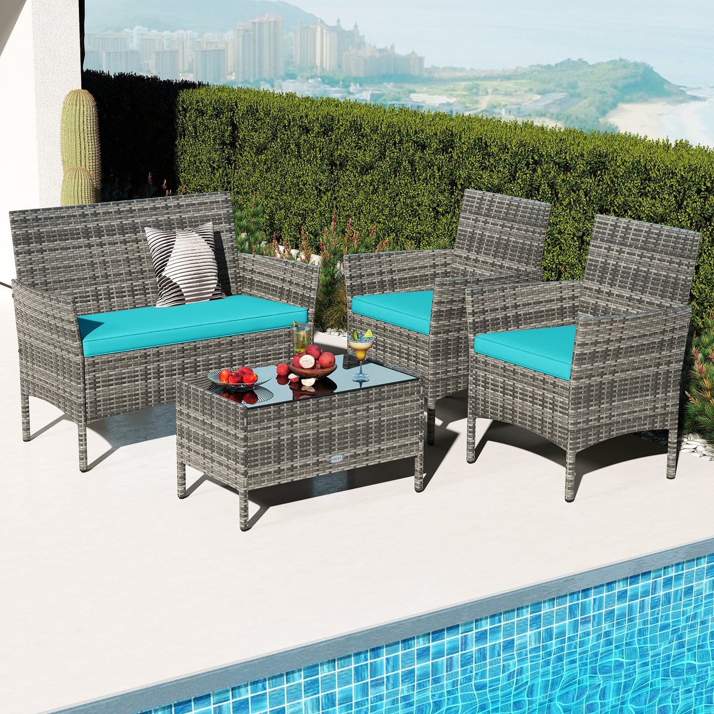 4 Pieces Patio Rattan Conversation Set with Tempered Glass Coffee Table-Beige