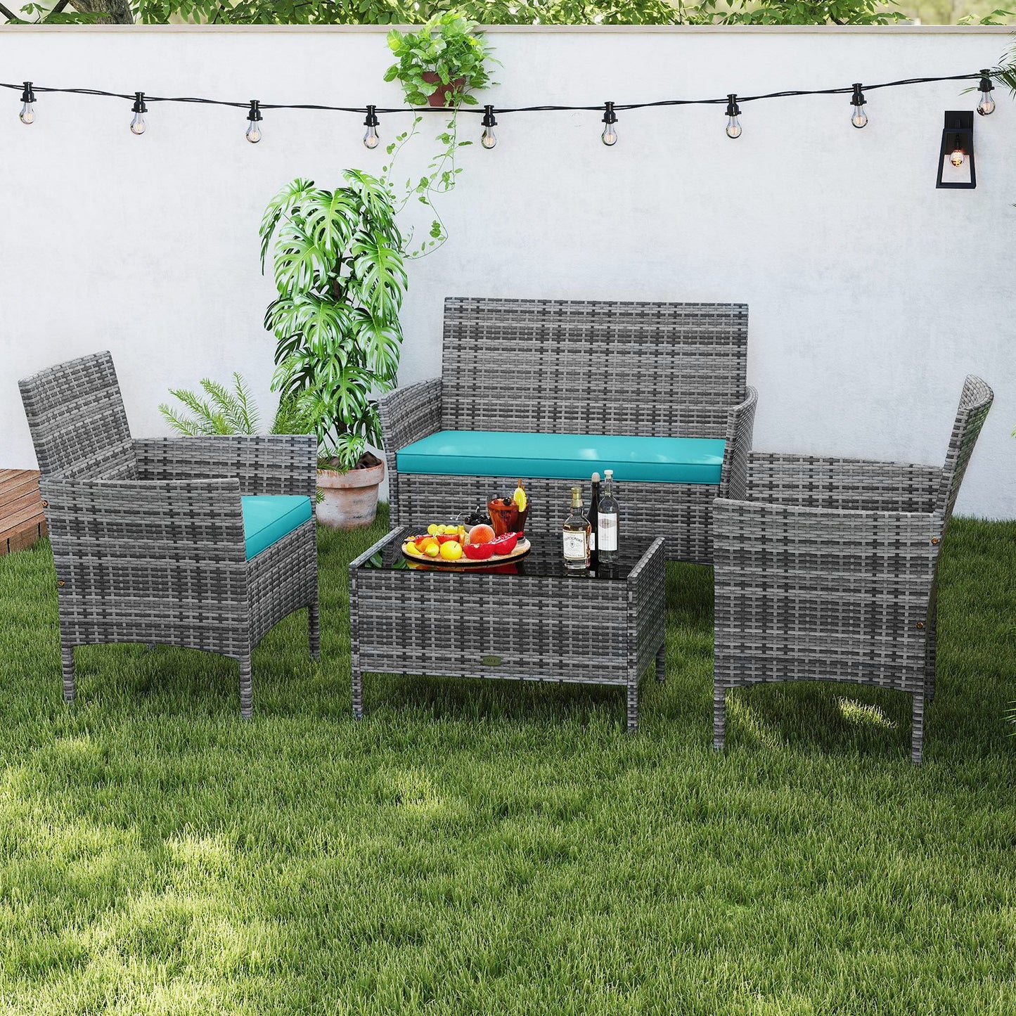 4 Pieces Patio Rattan Conversation Set with Tempered Glass Coffee Table-Beige