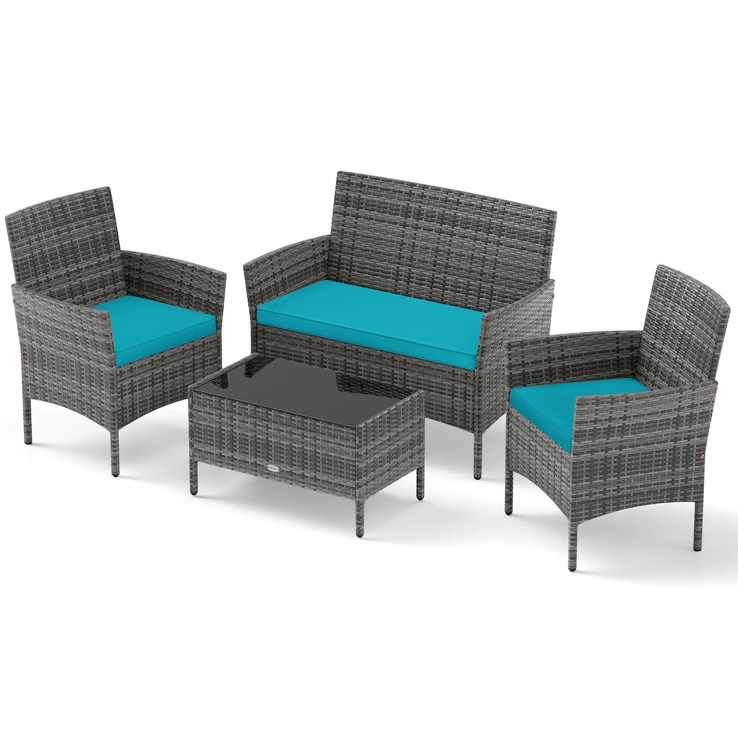 4 Pieces Patio Rattan Conversation Set with Tempered Glass Coffee Table-Beige