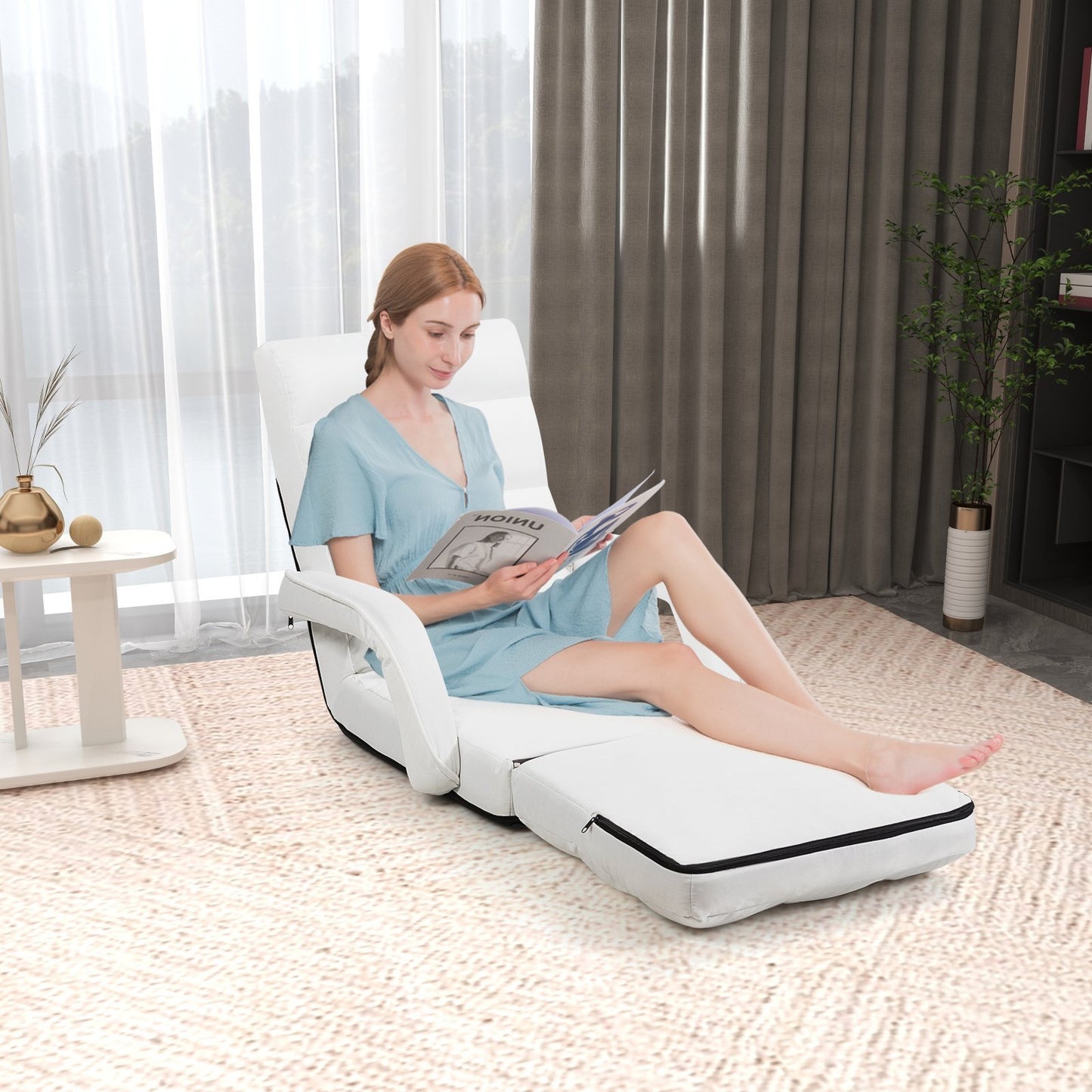 Folding Lazy Floor Chair Sofa with Armrests and Pillow-Blue