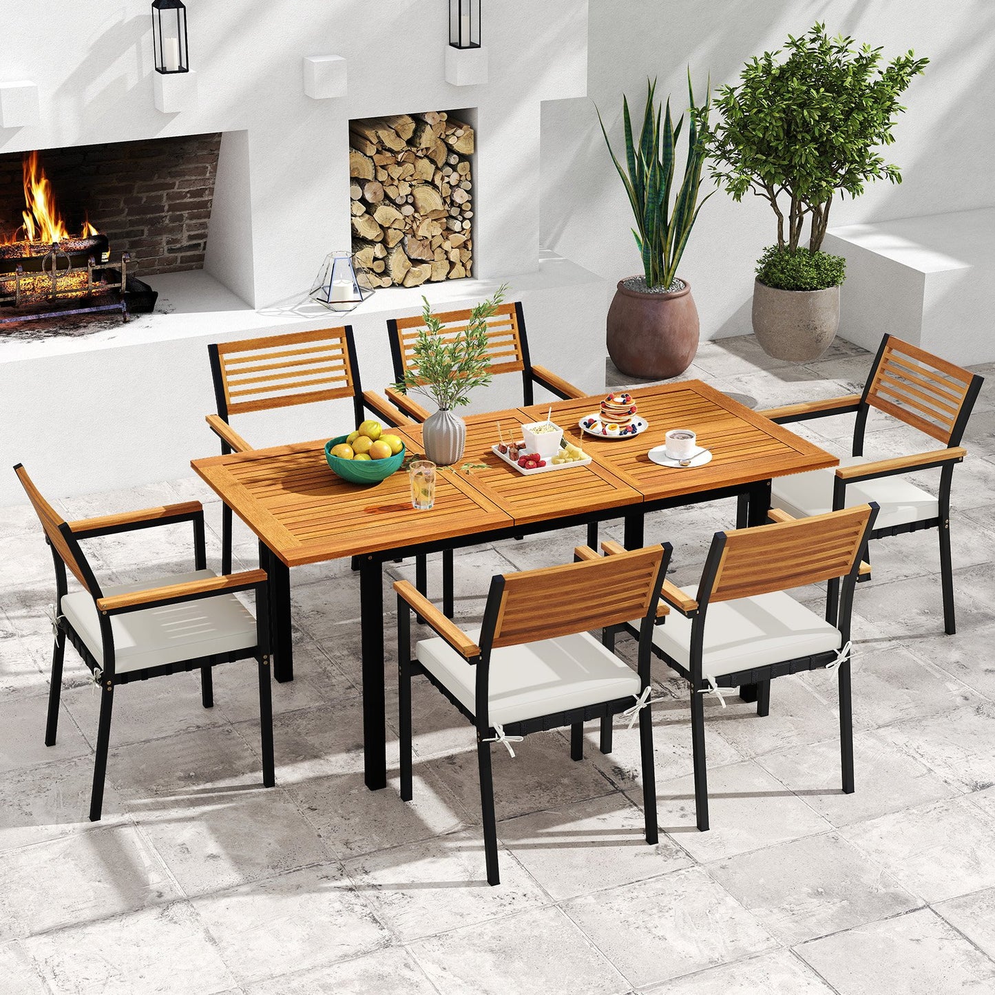 7-Piece Patio Dining Set Wood Metal with Seat Cushions and Umbrella Hole-White