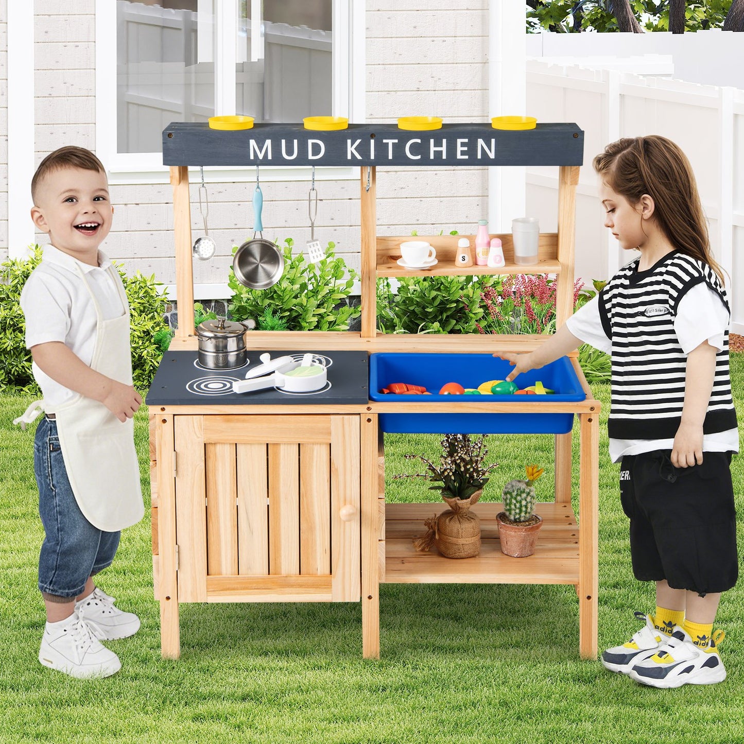 Outdoor Mud Kids Kitchen Playset Wooden Pretend Play Toy with Kitchenware