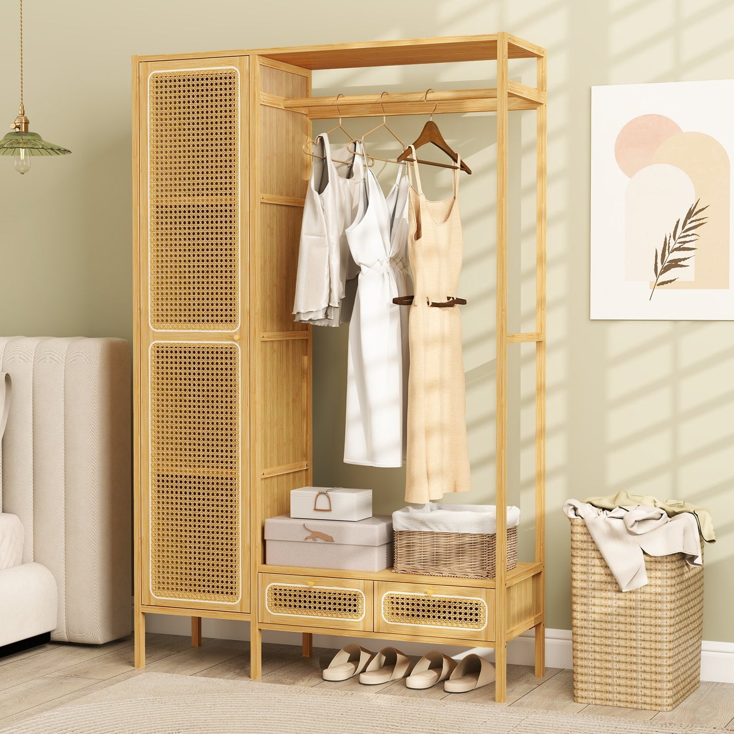 Bamboo Clothing Rack with Cabinet and Drawers and Hanging Rod-Natural