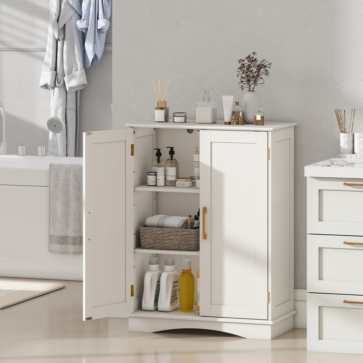 Bathroom Floor Storage Cabinet with 2 Doors and Adjustable Shelves-Black