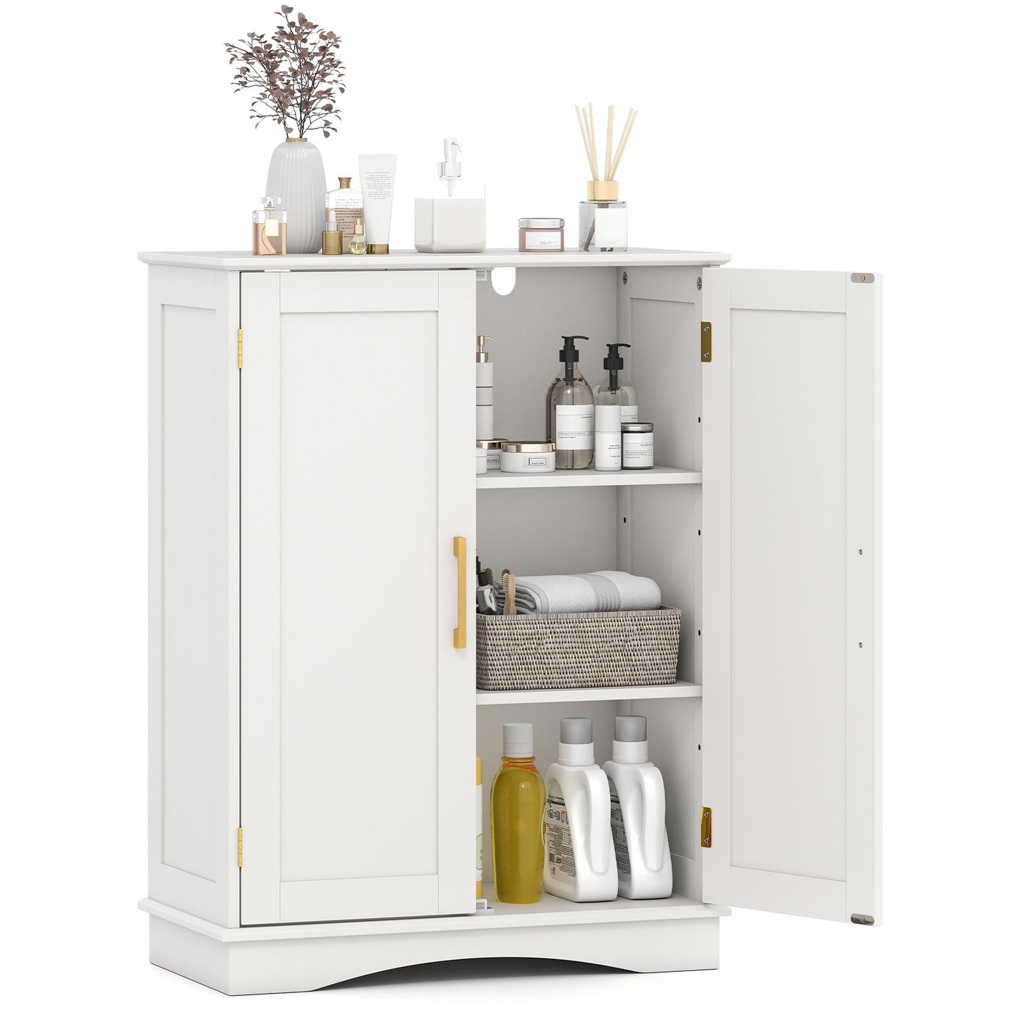 Bathroom Floor Storage Cabinet with 2 Doors and Adjustable Shelves-Black