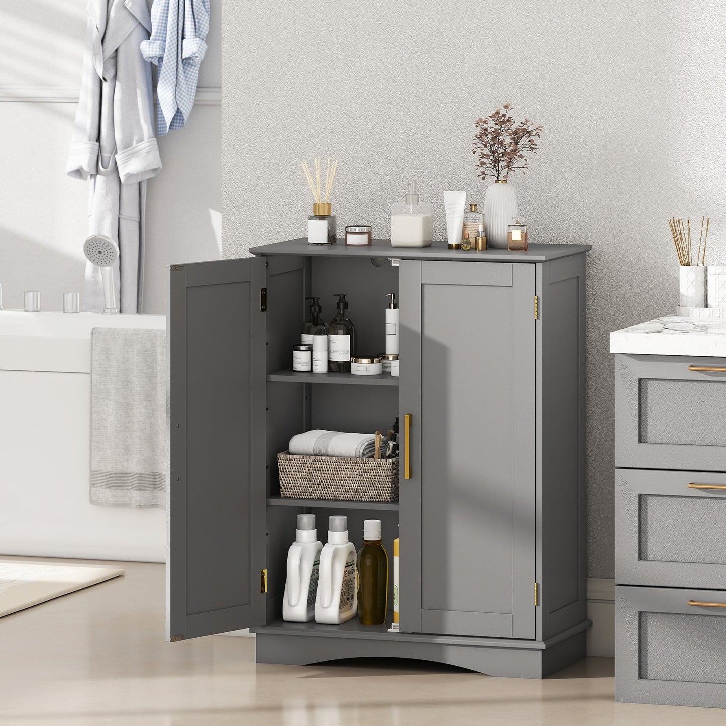 Bathroom Floor Storage Cabinet with 2 Doors and Adjustable Shelves-Black