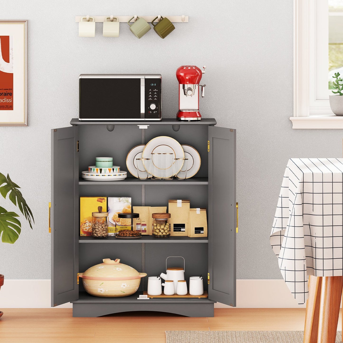 Bathroom Floor Storage Cabinet with 2 Doors and Adjustable Shelves-Black