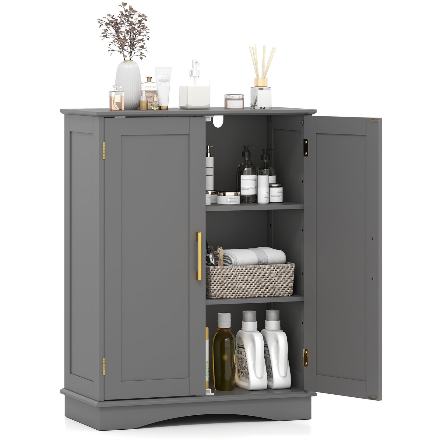 Bathroom Floor Storage Cabinet with 2 Doors and Adjustable Shelves-Black