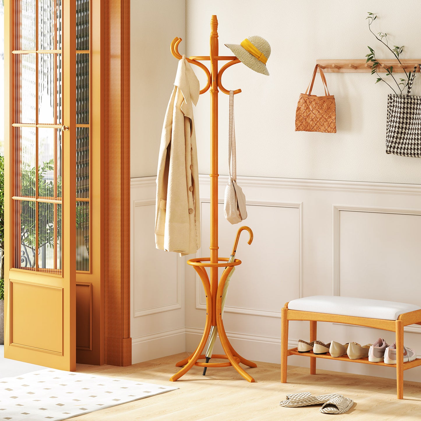 Wood Standing Hat Coat Rack w/ Umbrella Stand-Black