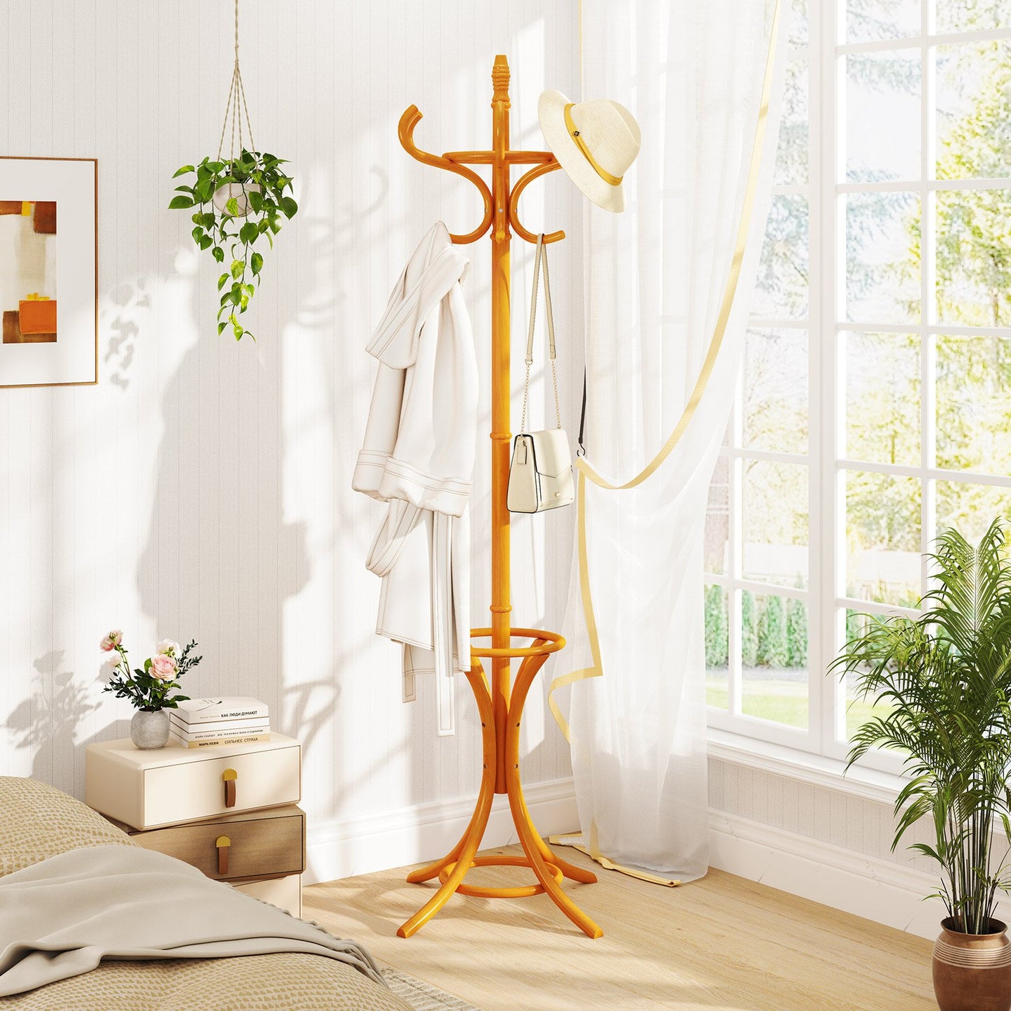 Wood Standing Hat Coat Rack w/ Umbrella Stand-Black