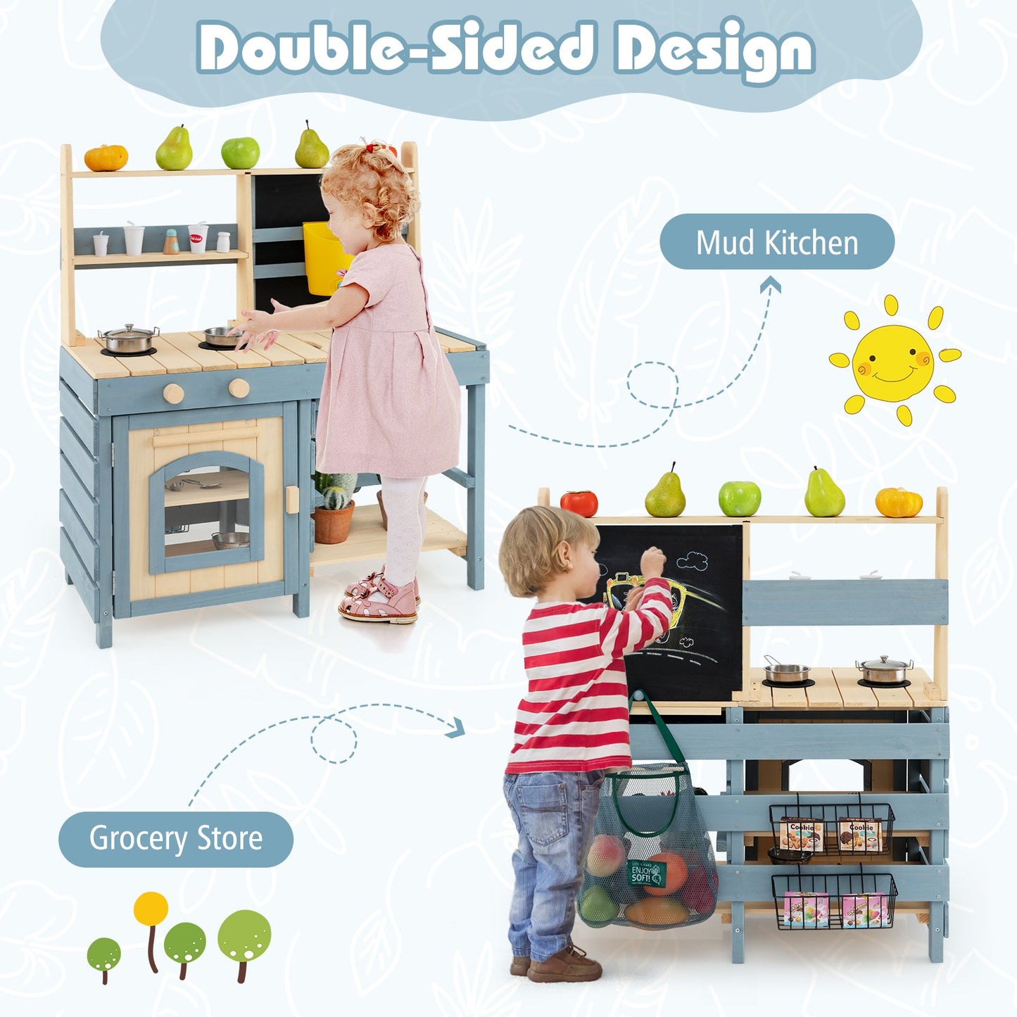 2-In-1 Outdoor Mud Kitchen with Faucet and Extra Chalkboard