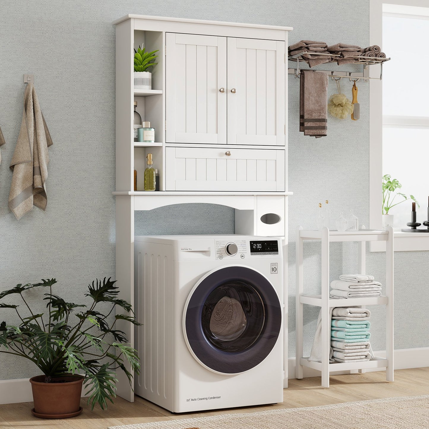 Over the Toilet Storage Cabinet with Adjustable Shelf and Bottom Bar-White