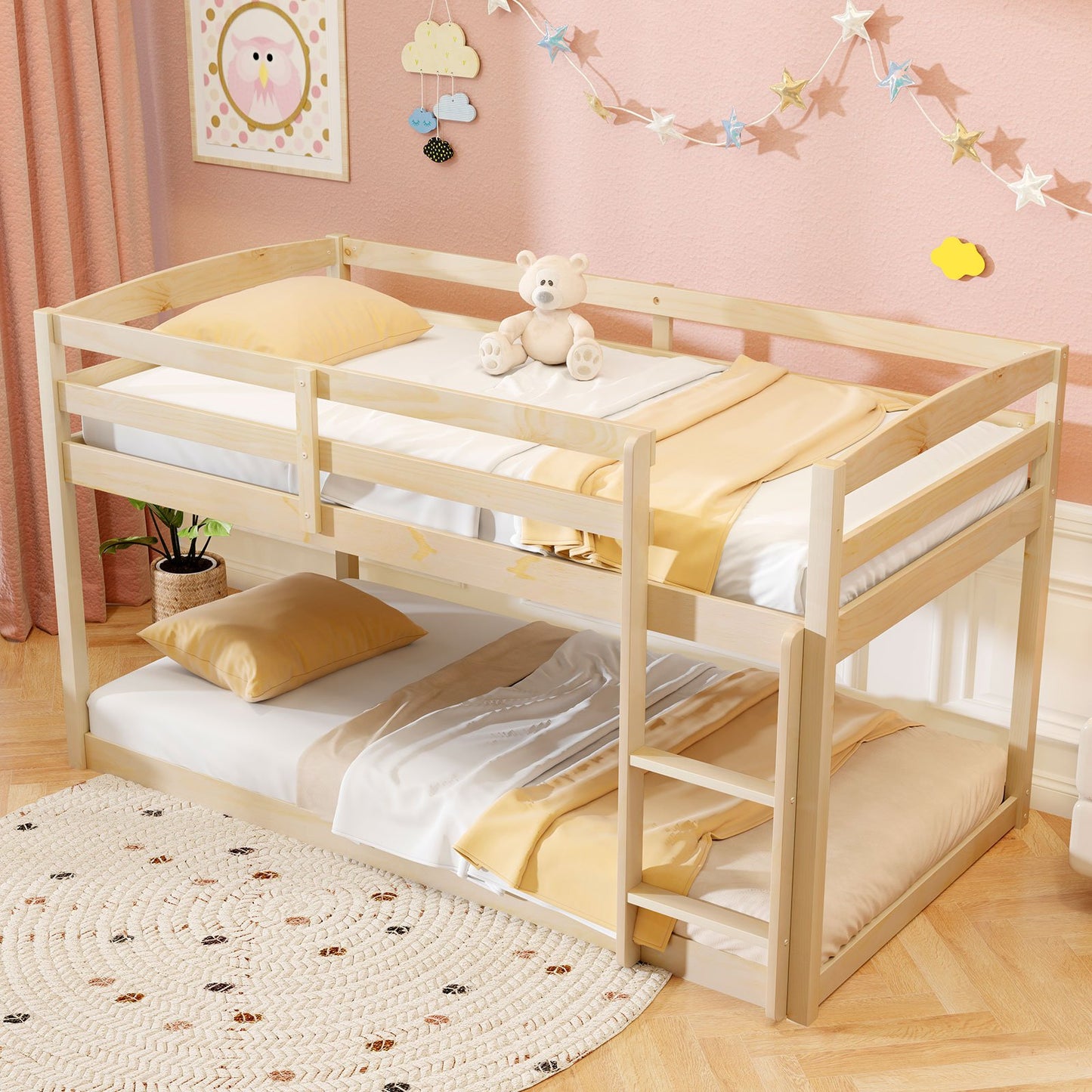 Twin Size Bunk Bed with High Guardrails and Integrated Ladder-Gray