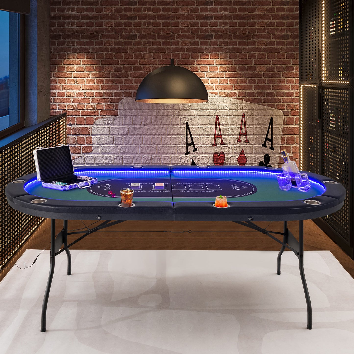 Foldable 10-Player Poker Table with LED Lights and USB Ports Ideal for Texas Casino-Blue