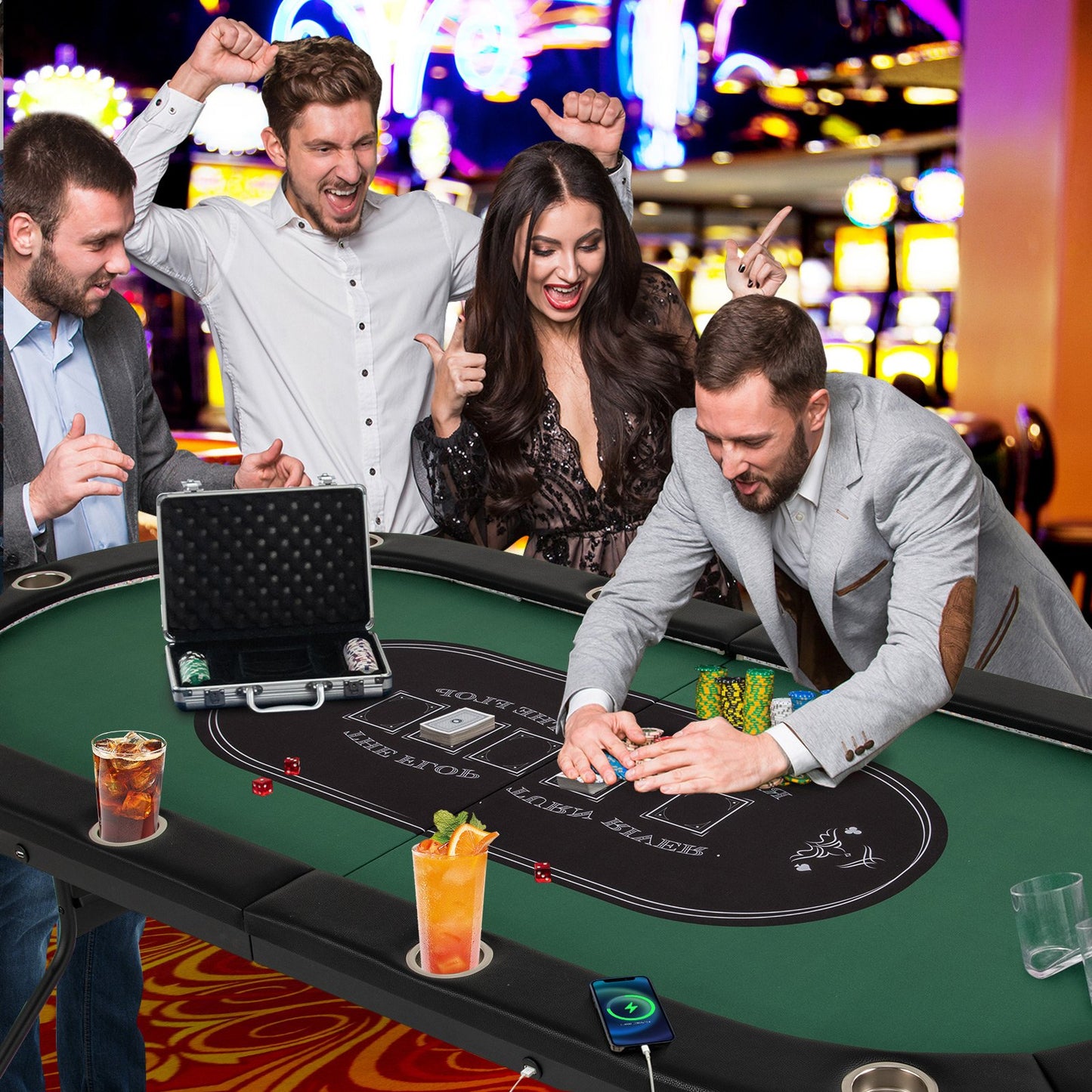 Foldable 10-Player Poker Table with LED Lights and USB Ports Ideal for Texas Casino-Blue
