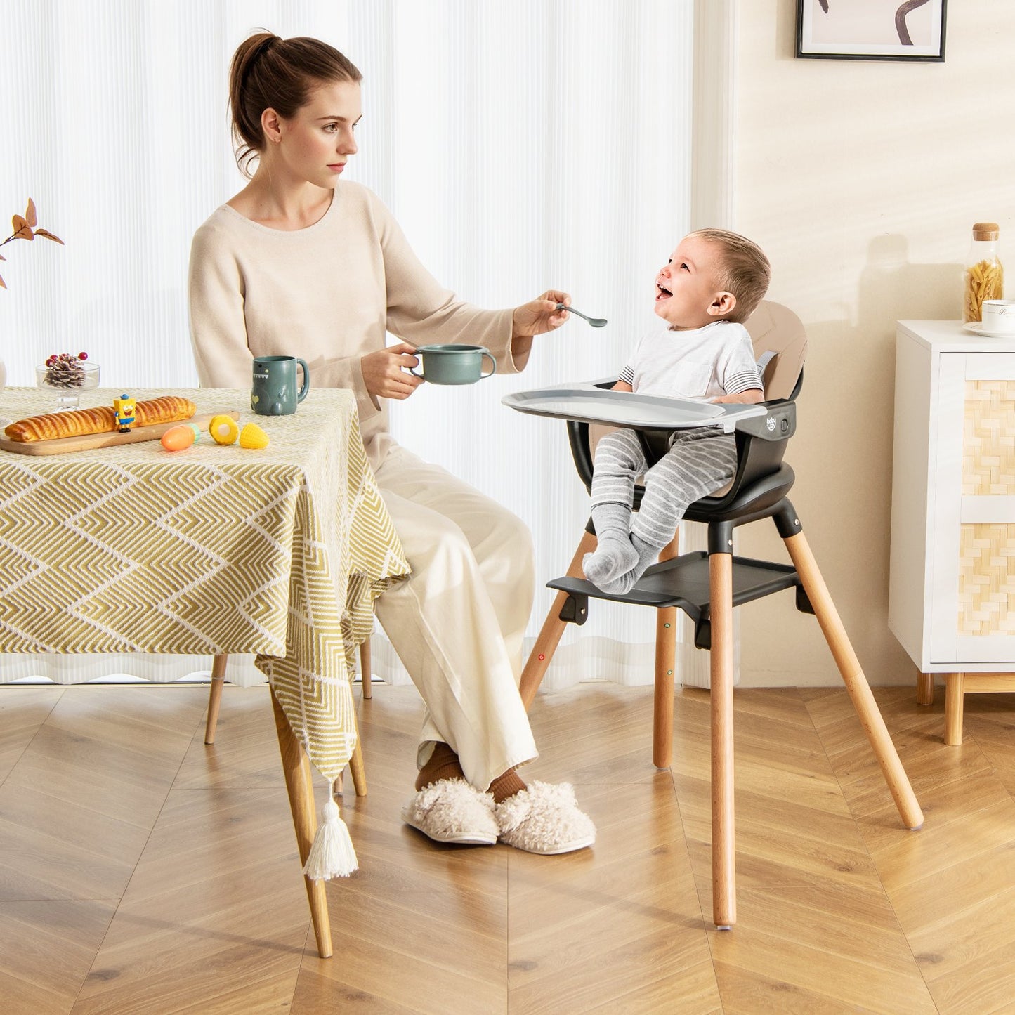 6 in 1 Convertible Highchair with Safety Harness and Removable Tray-Beige