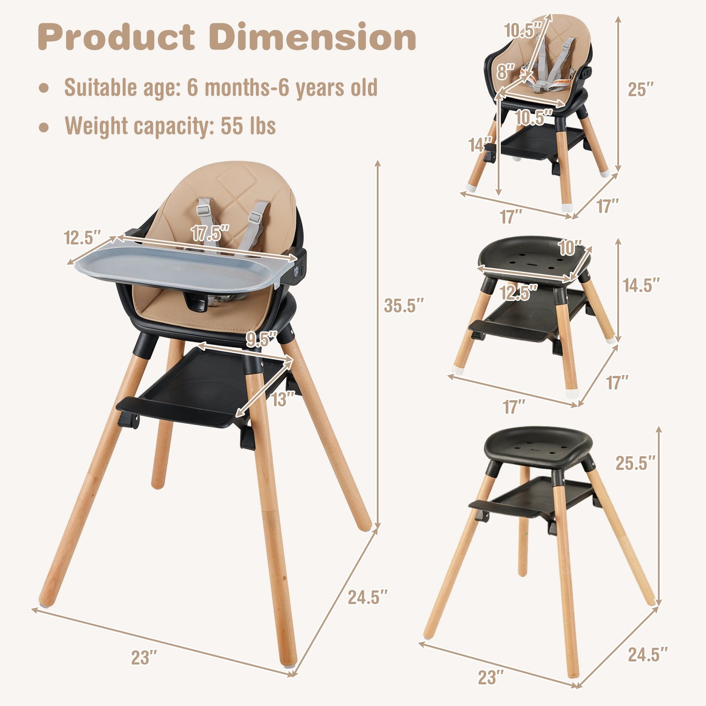 6 in 1 Convertible Highchair with Safety Harness and Removable Tray-Beige