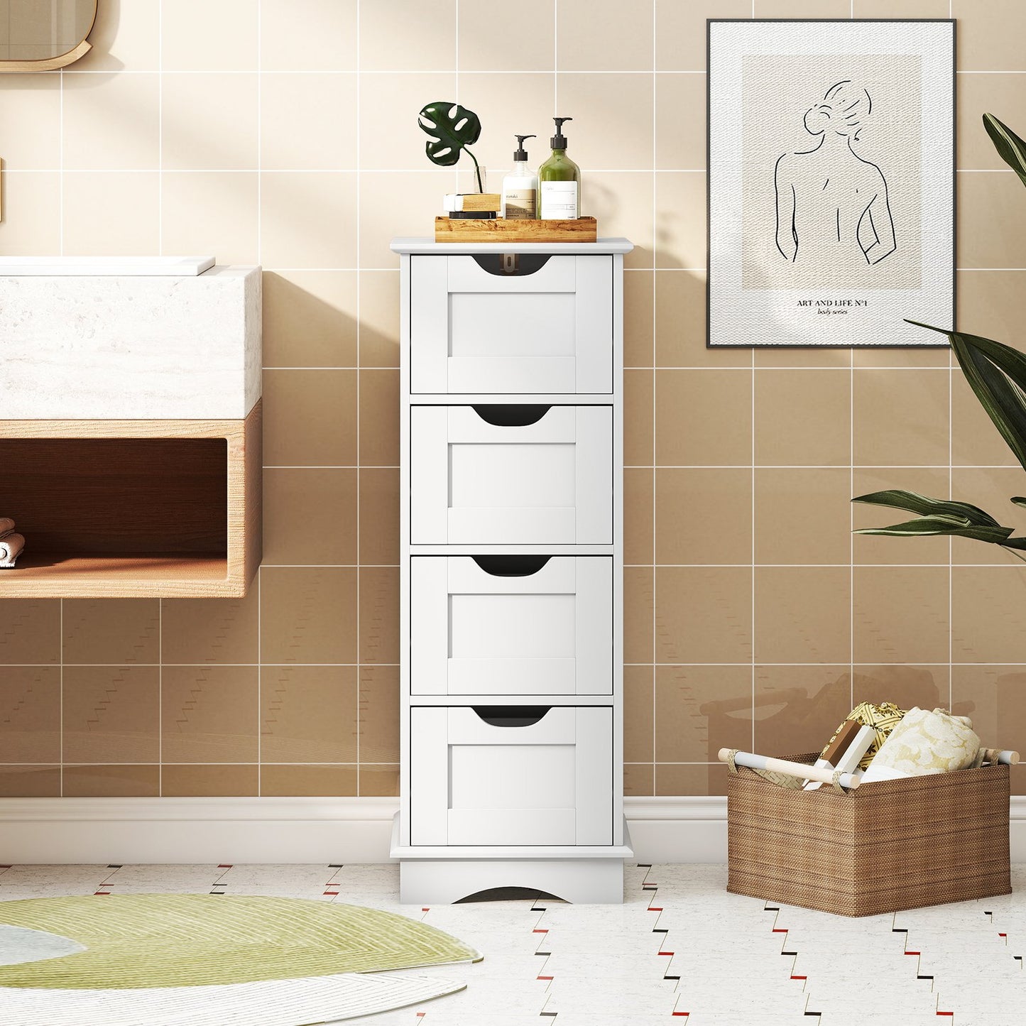 Bathroom Storage Cabinet with Cutout Handles and 4 Drawers-Black