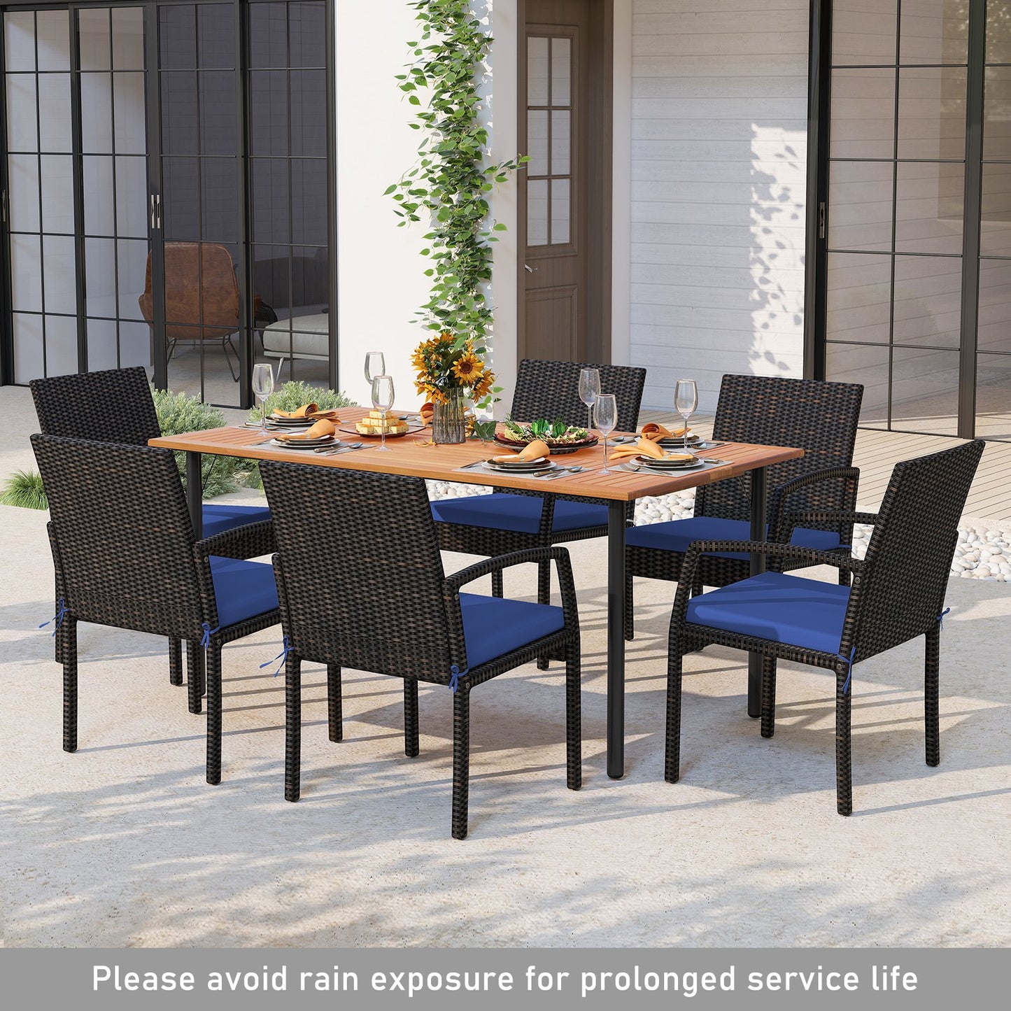 7 Pieces Patio Rattan Cushioned Dining Set with Umbrella Hole-Black