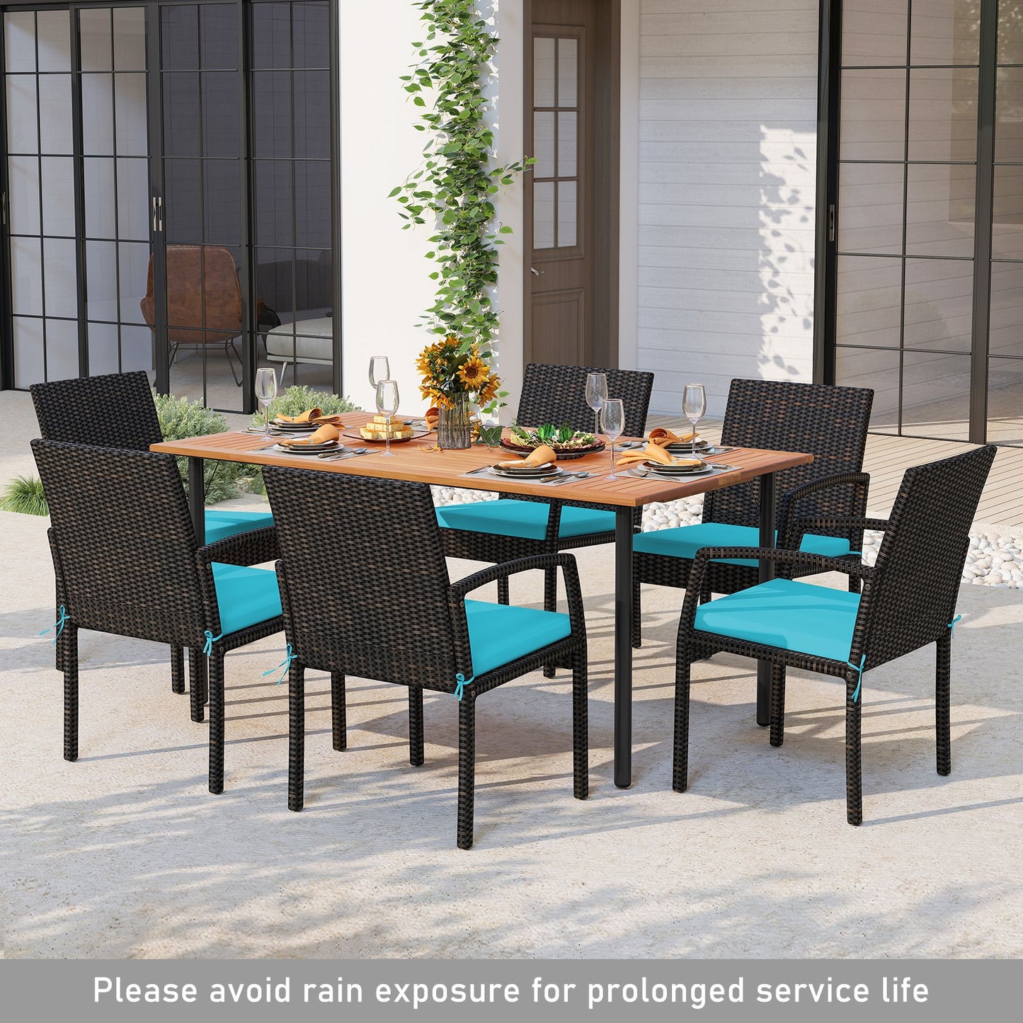 7 Pieces Patio Rattan Cushioned Dining Set with Umbrella Hole-Black