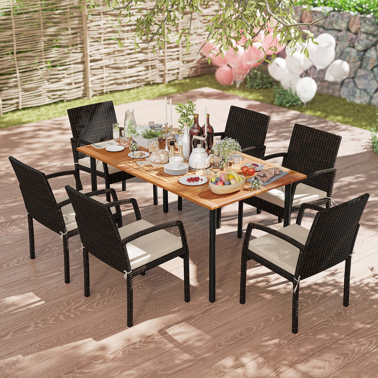 7 Pieces Patio Rattan Cushioned Dining Set with Umbrella Hole-Black