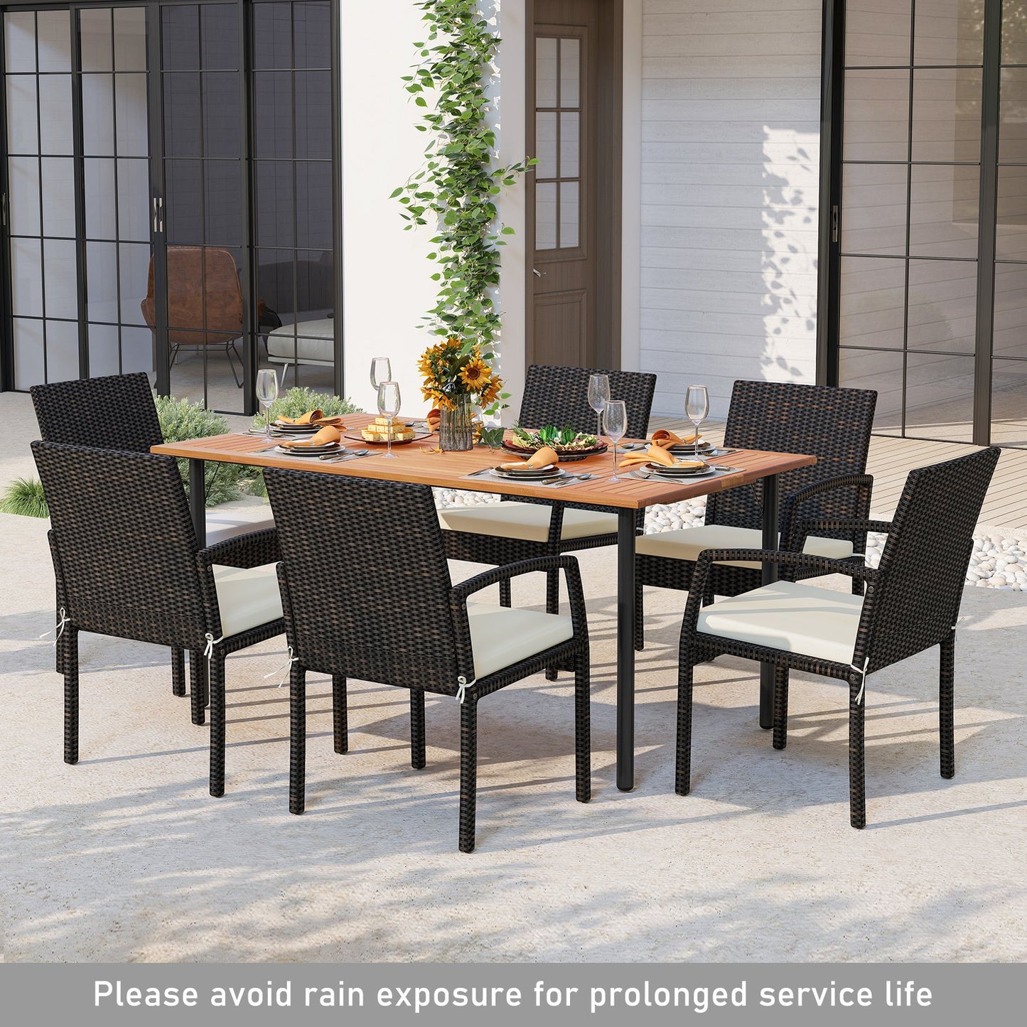 7 Pieces Patio Rattan Cushioned Dining Set with Umbrella Hole-Black