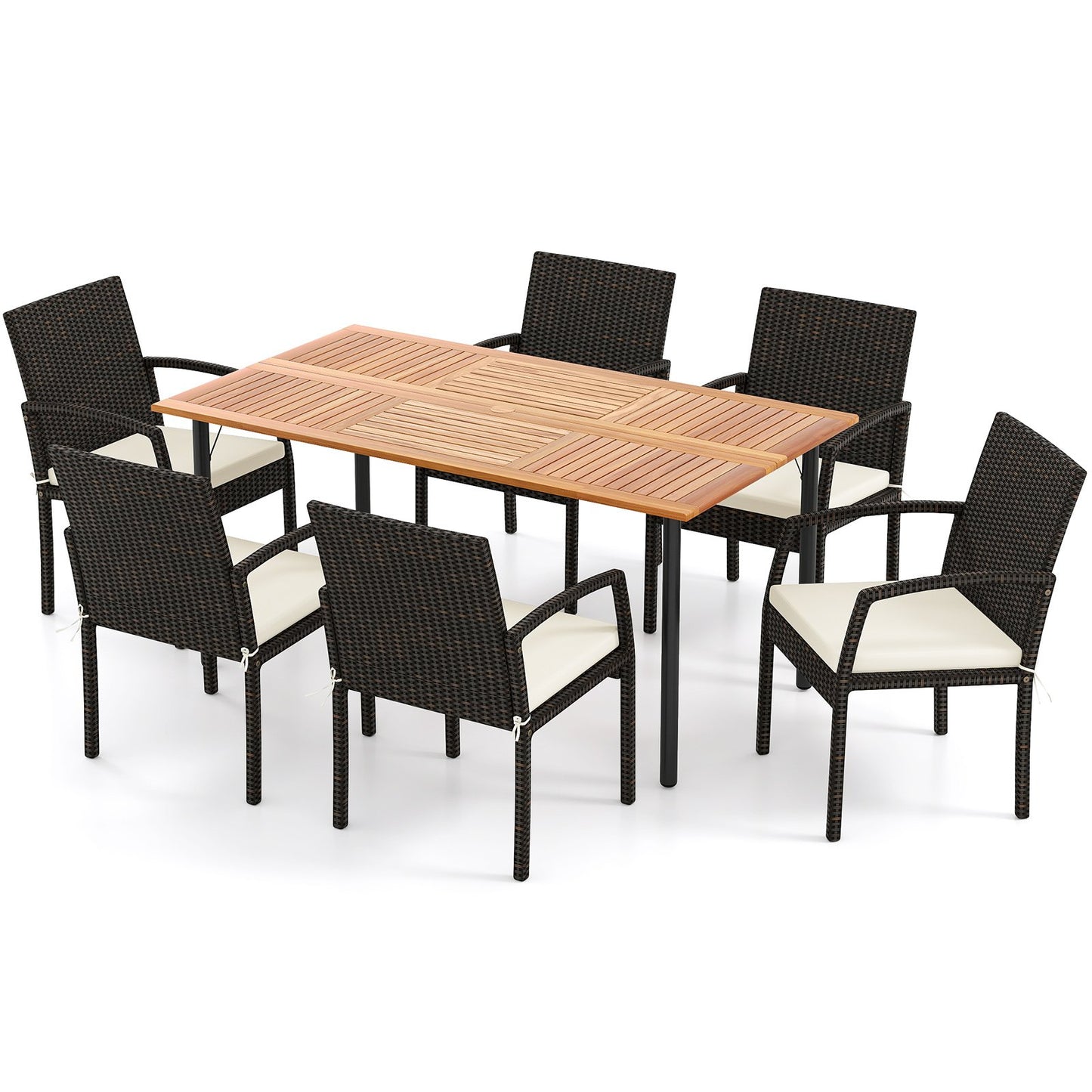 7 Pieces Patio Rattan Cushioned Dining Set with Umbrella Hole-Black