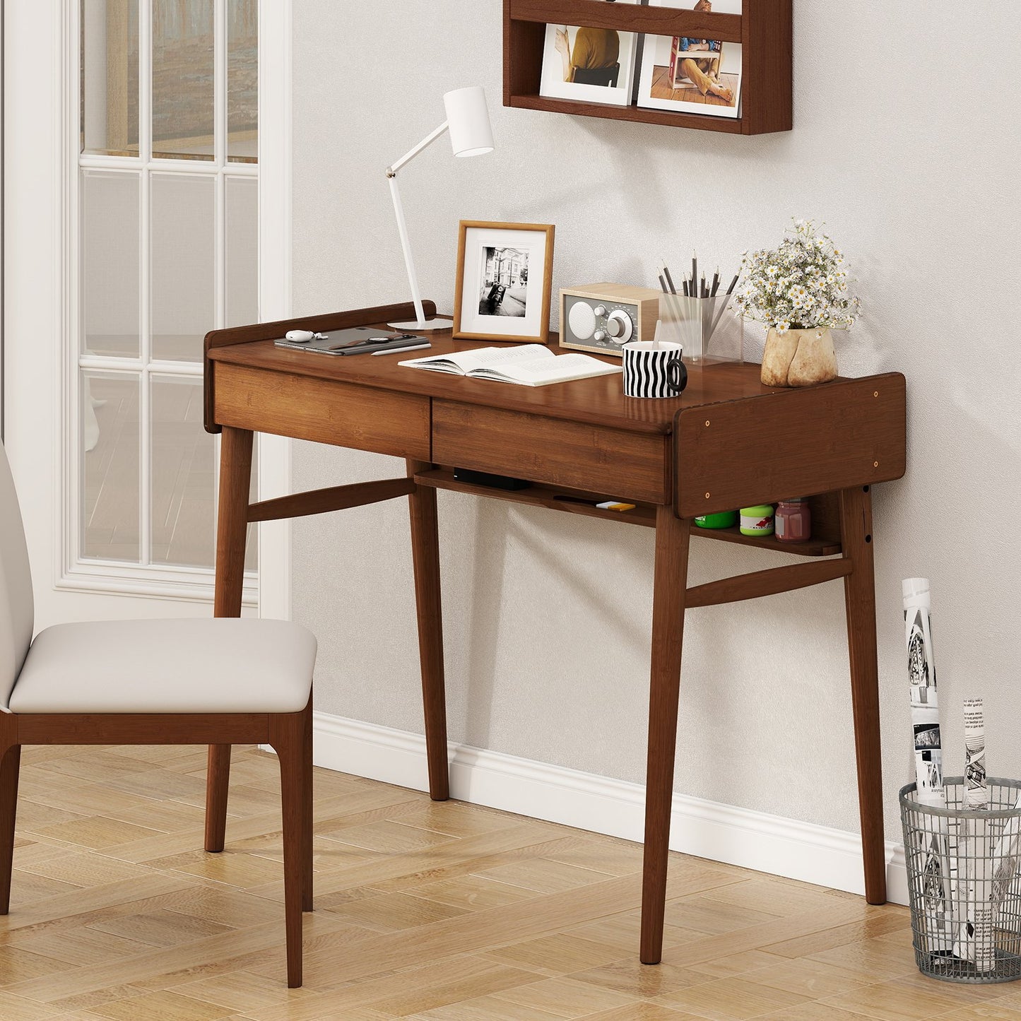 Bamboo Writing Desk with 2 Storage Drawers and Open Shelf-Natural