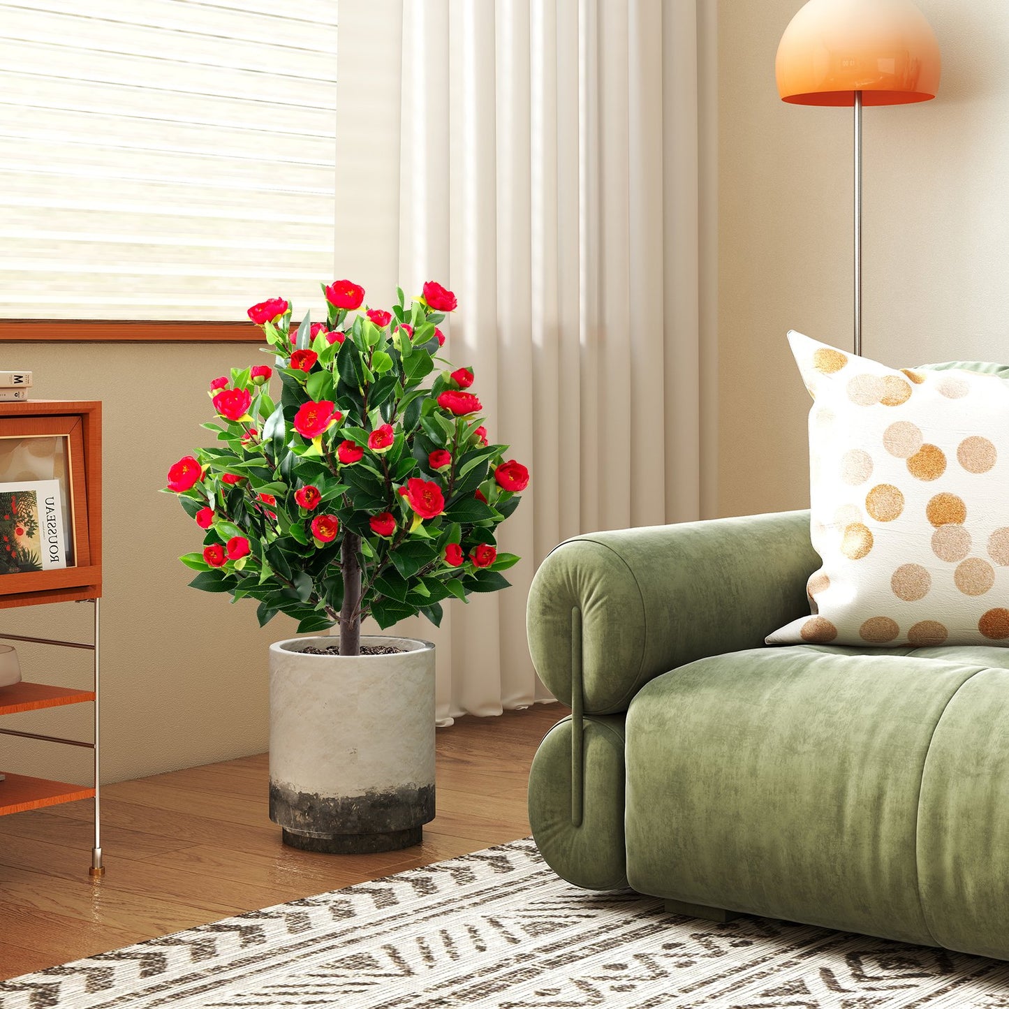 31 Inches Artificial Camellia Tree Set 2 Pack Fake Flower Trees-Green