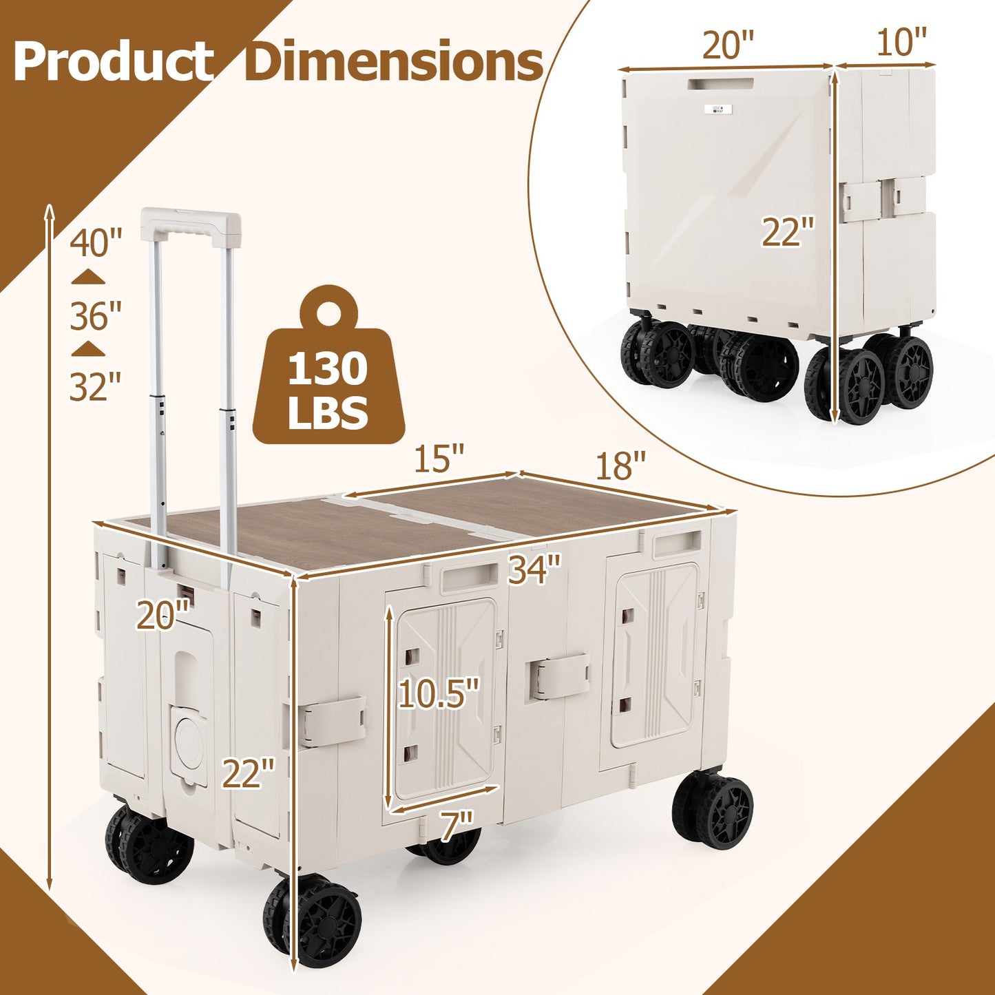 Large Foldable Utility Cart with 2-Tier Storage Crates and Telescoping Handle-Black