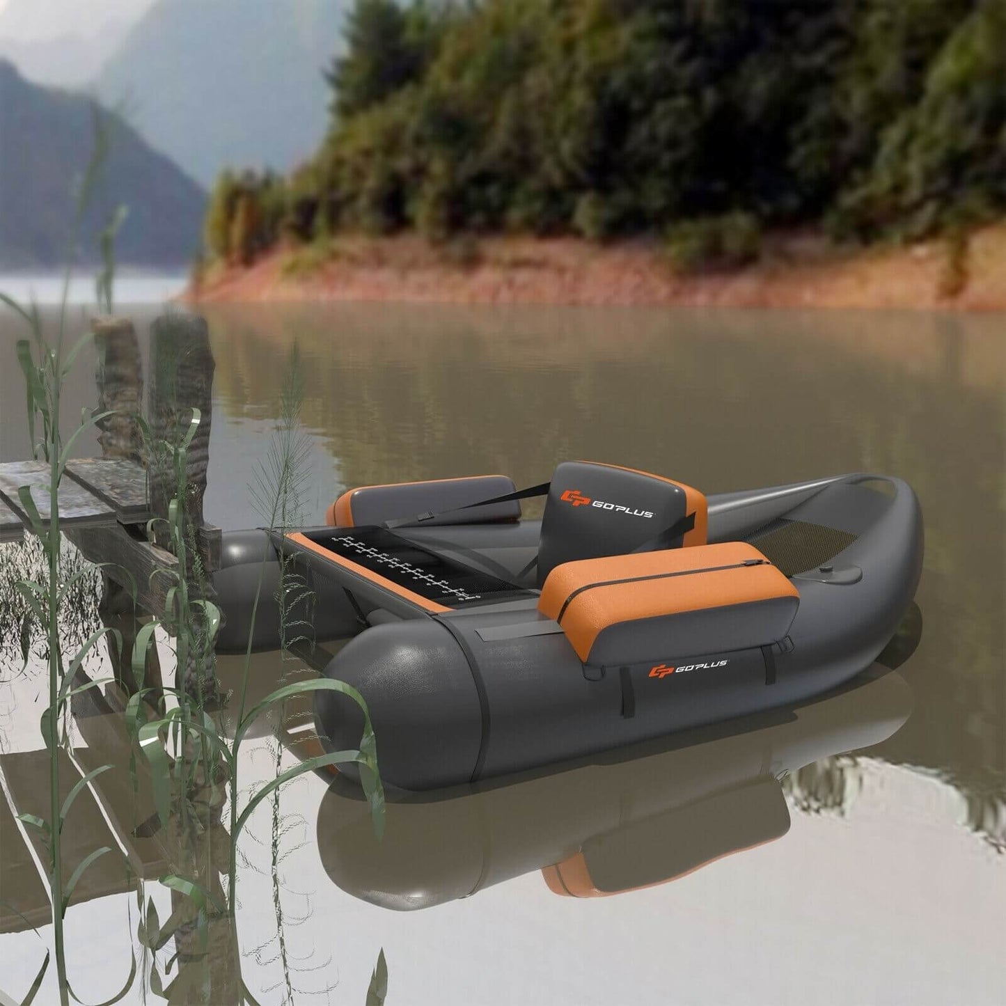 Inflatable Fishing Float Tube with Pump Storage Pockets and Fish Ruler-Beige
