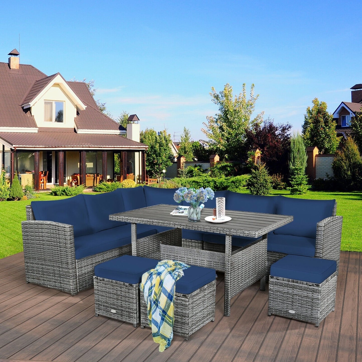 7 Pcs All-Weather Patio Rattan Dining Furniture Sectional Sofa Set with Wicker Ottoman and Cushed Couch-Off White