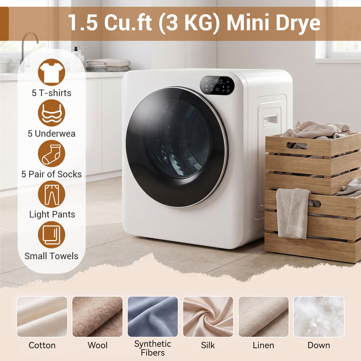 1.5 Cu.Ft White Portable Clothes Dryer with LED Control-White