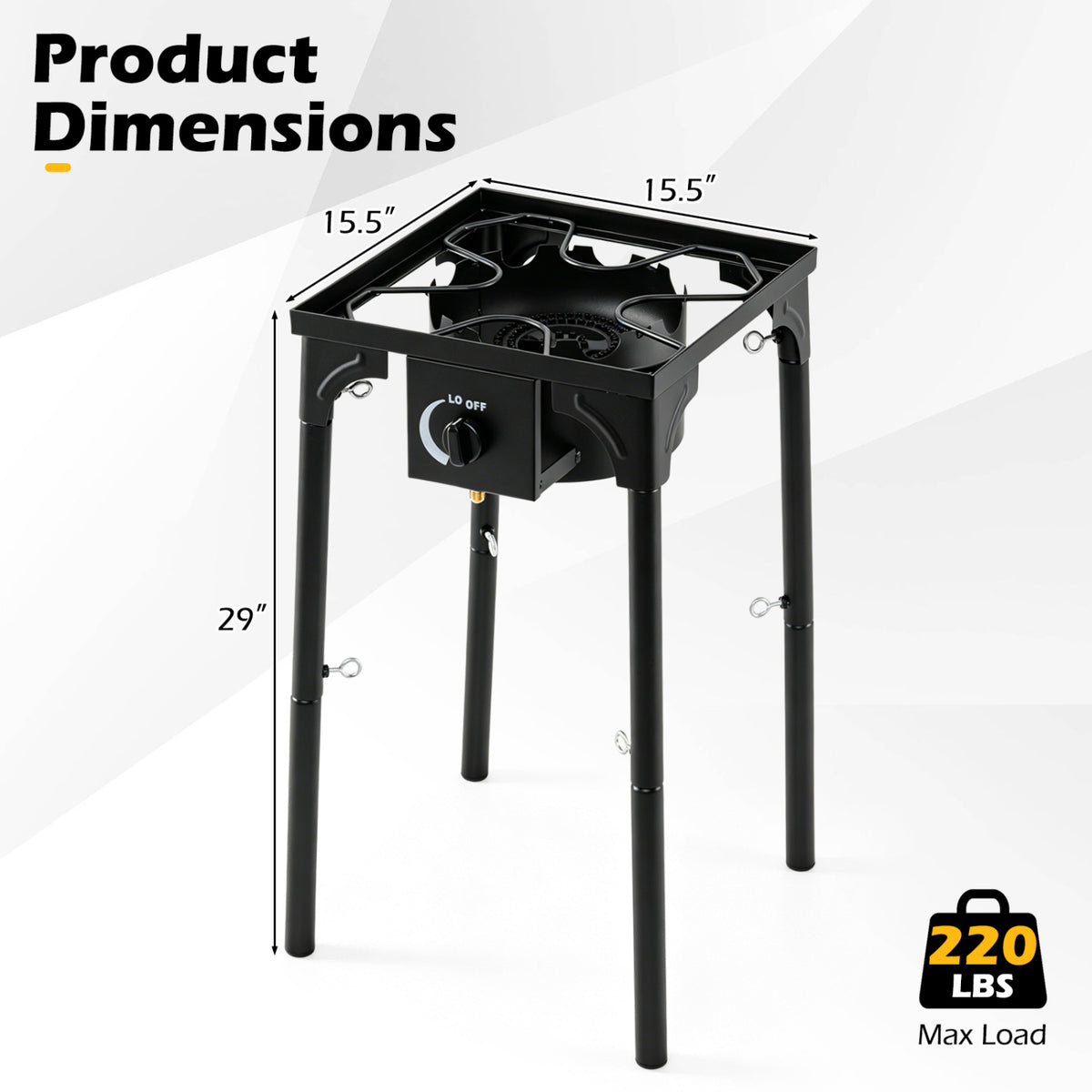 Black 1-burner propane camping stove with adjustable regulator and hose, 80000 BTU outdoor grill for BBQ and camping cooking.